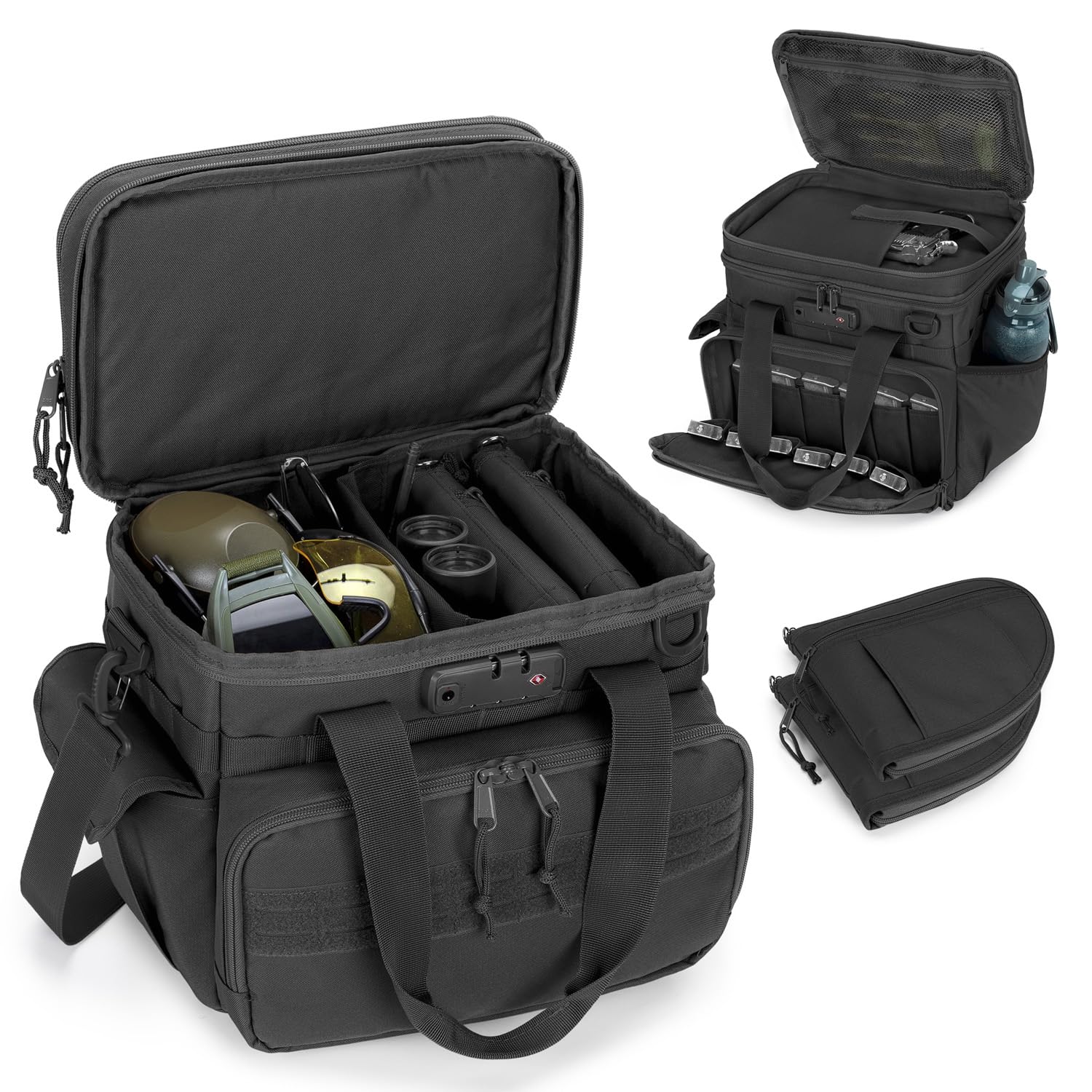 GOBUROS Tactical Gun Range Bag with 3 Pistols Capacity and TSA Lock, Gun Duffle Bag with 2 Small Pistol Cases and 12x Magazine Slots, Multi-Pockets for Hunting and Shooting Range Gear