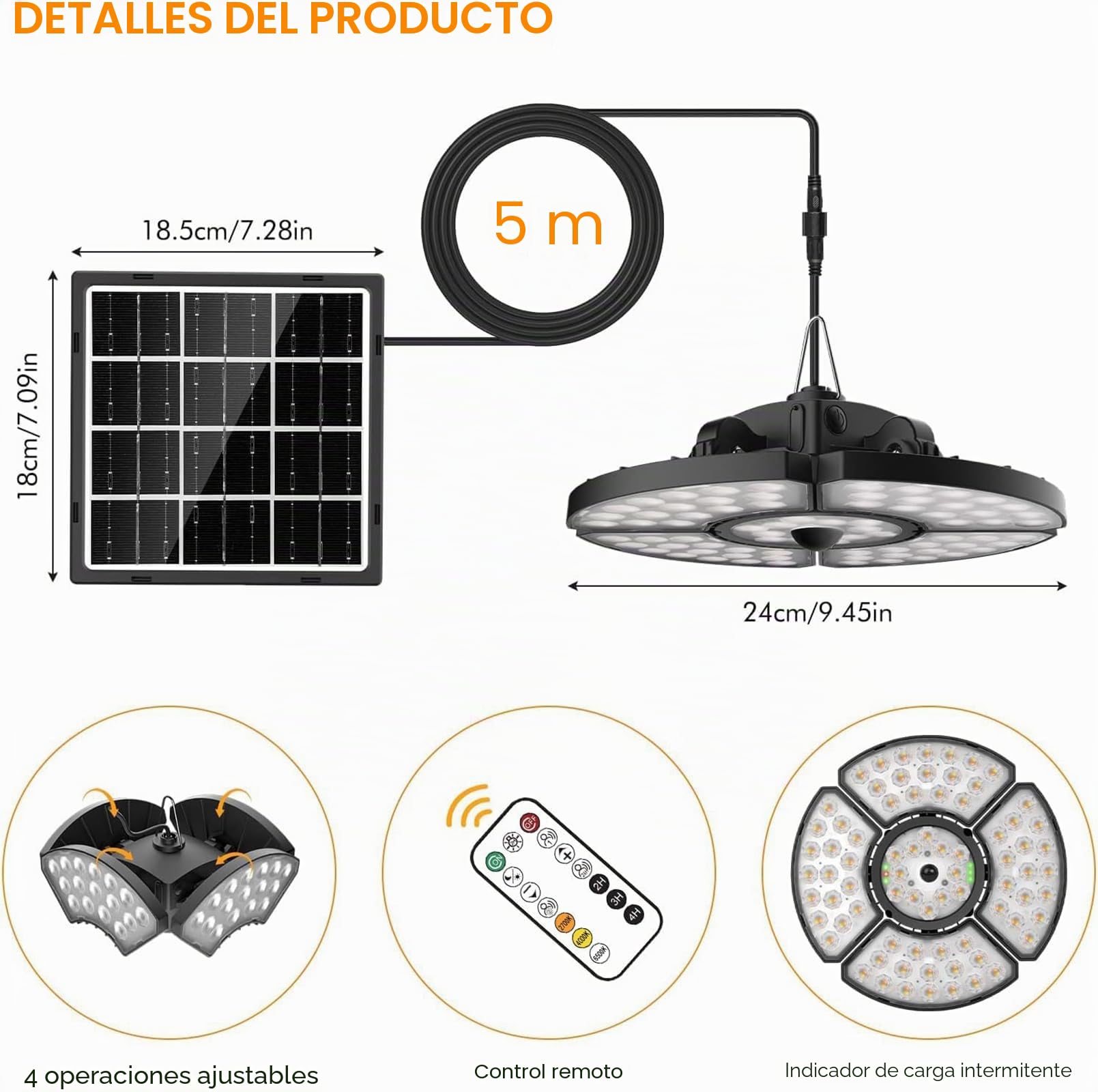 Linke Lámparas solares para exteriores, 76 LED, lámpara colgante solar, sensor de movimiento solar ajustable en 270°, lámpara con mando a distancia, 6 modos, 4 cabezales deformados, luz de seguridad