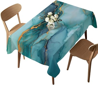 Rectangle Tablecloth,Teal Green Gold Marble Texture Waterproof Oil-Proof Table Cloth Kitchen Dining Tables Cover for Indoor Outdoor Wedding Holiday Party Decor,Stone Art