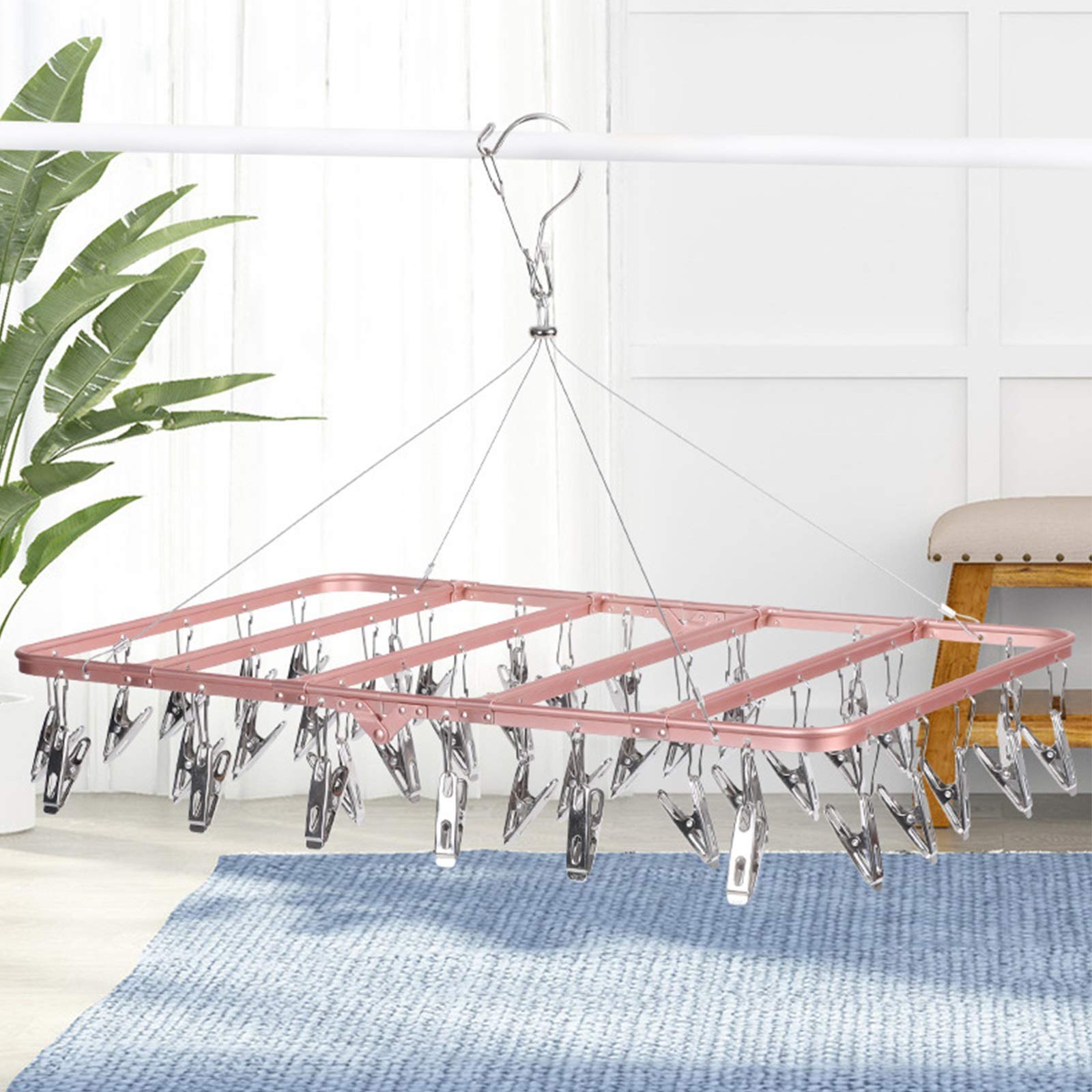 Stendibiancheria per calzini con 42 clip per appendere i vestiti dei bambini, mollette, design pieghevole, ganci di chiusura antivento, rettangolo (colore: oro + argento) Efficienza (argento + argent