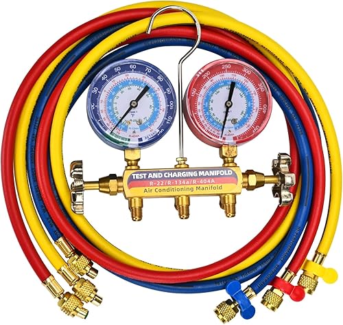 Upgrade 42006 Colector de prueba y carga con calibre de 3-1/8 pulgadas (3.150 in), accesorios estándar de 1/4 a 1/4 pulgadas con manguera HVAC de 72