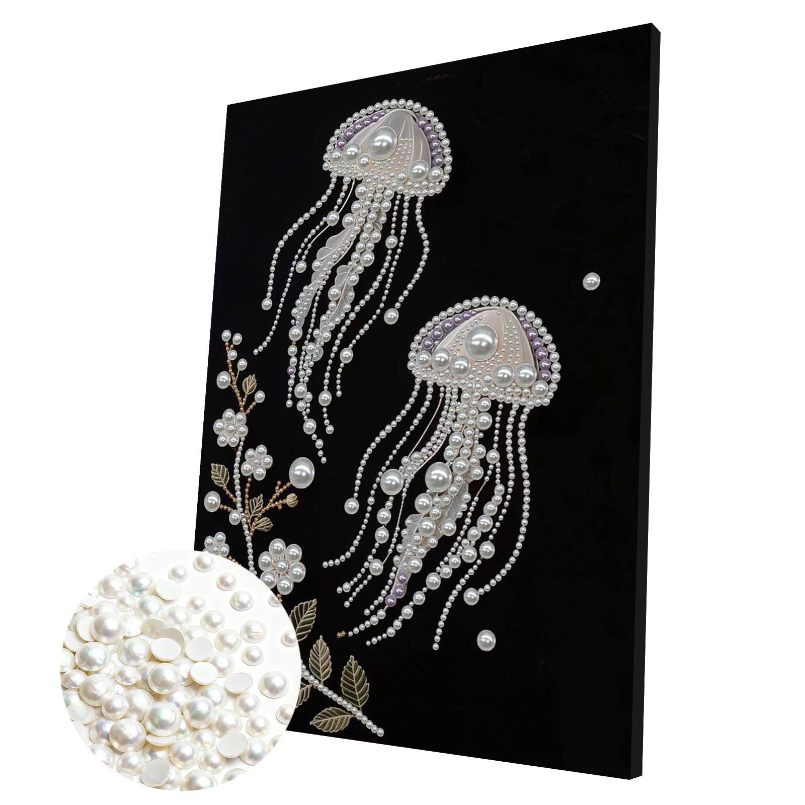 DIY Pearl 3D Painting Kit with Wooden Frame, 3D Plastic Pearl Gemstone Ocean Art Craft for Adults Beginners, Home Decor Housewarming Gift, Diamond Dots for Wall Decor(Two Jellyfish)(30 * 40cm)