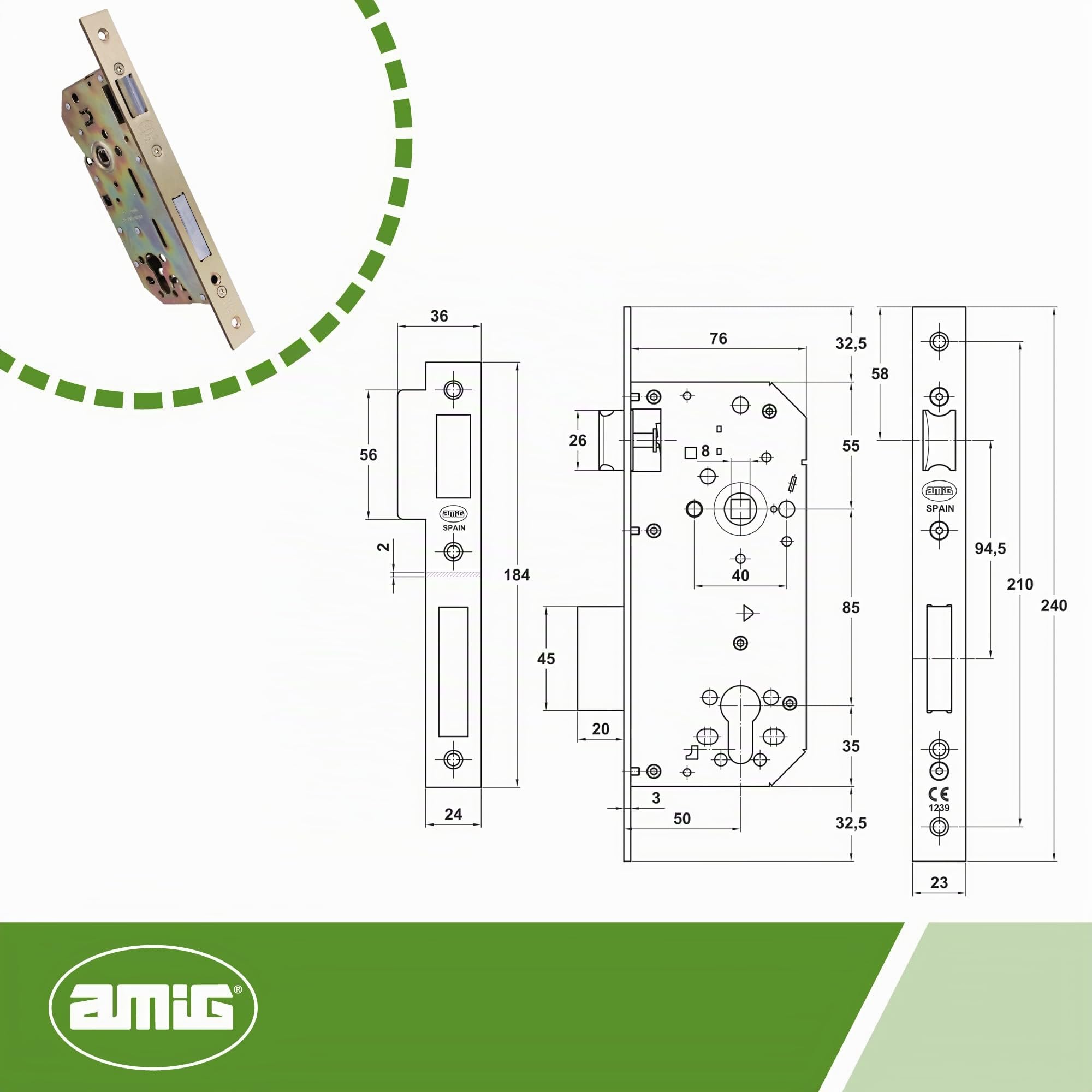 Amig - Serratura da incasso per porte in legno | Con frontale e supporto a bordo quadrato | Entrata 50 mm | Serratura reversibile | Acciaio | Dorato | 240 mm