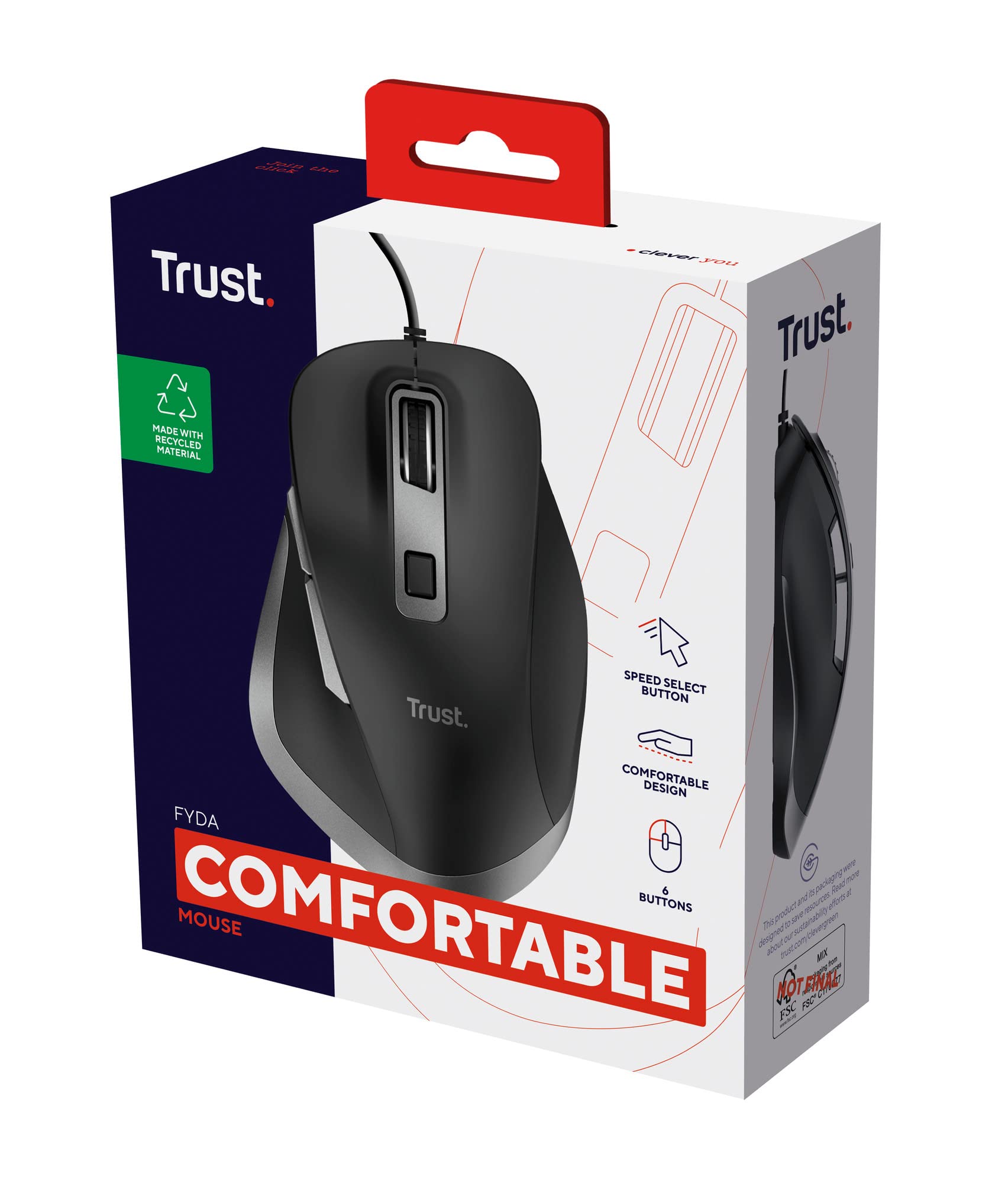 Trust Fyda Mysz komputerowa USB z podpórką pod kciuk 600-5000 DPI, czarna | 6 przycisków, materiały z recyklingu, przewodowe, wygodne, do laptopa PC Mac do pracy w domu biura