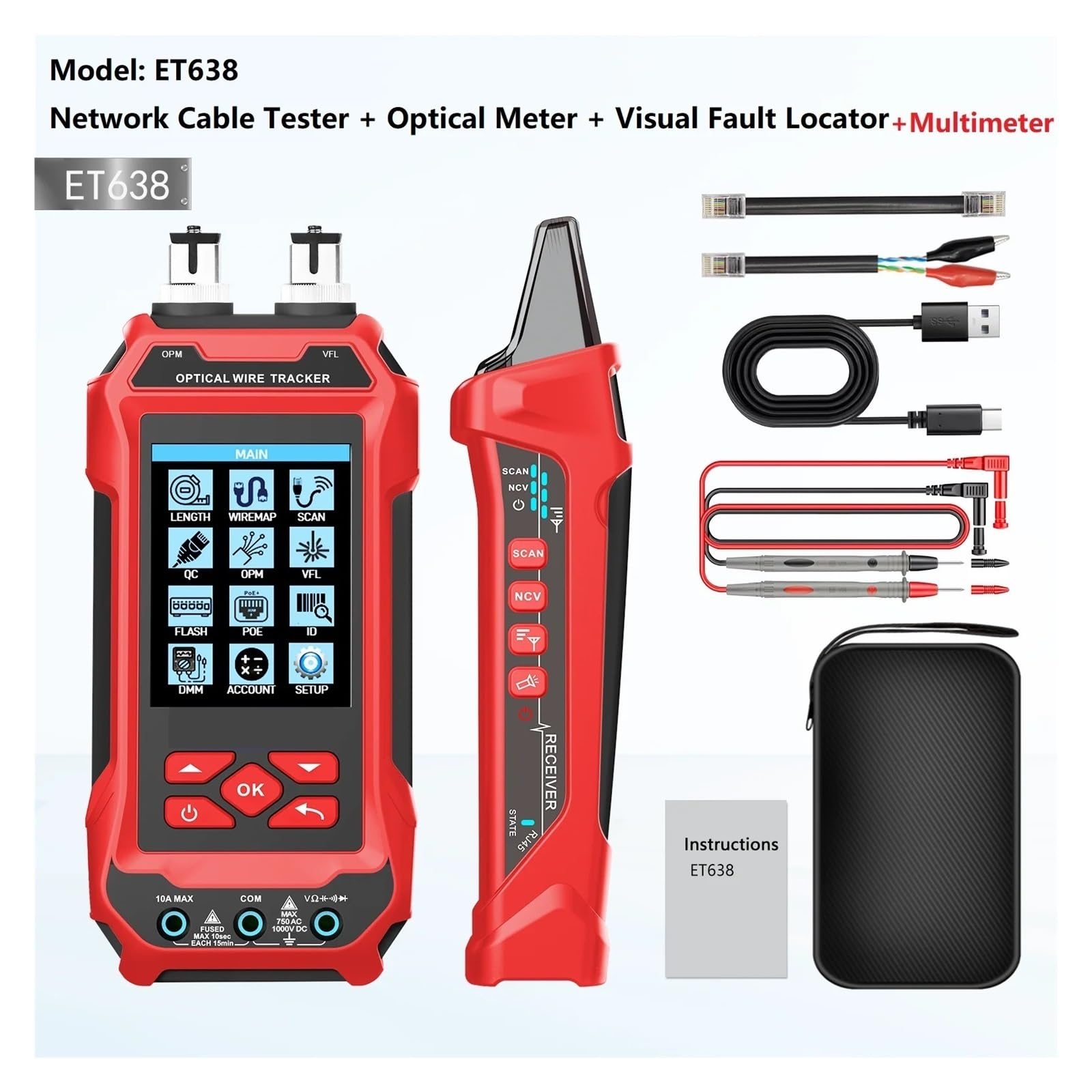 Probador de cable red, medidor potencia óptica, multímetro, buscador línea LAN 4 en 1, comprobador for cableado estructurado Ligero Y PortáTil