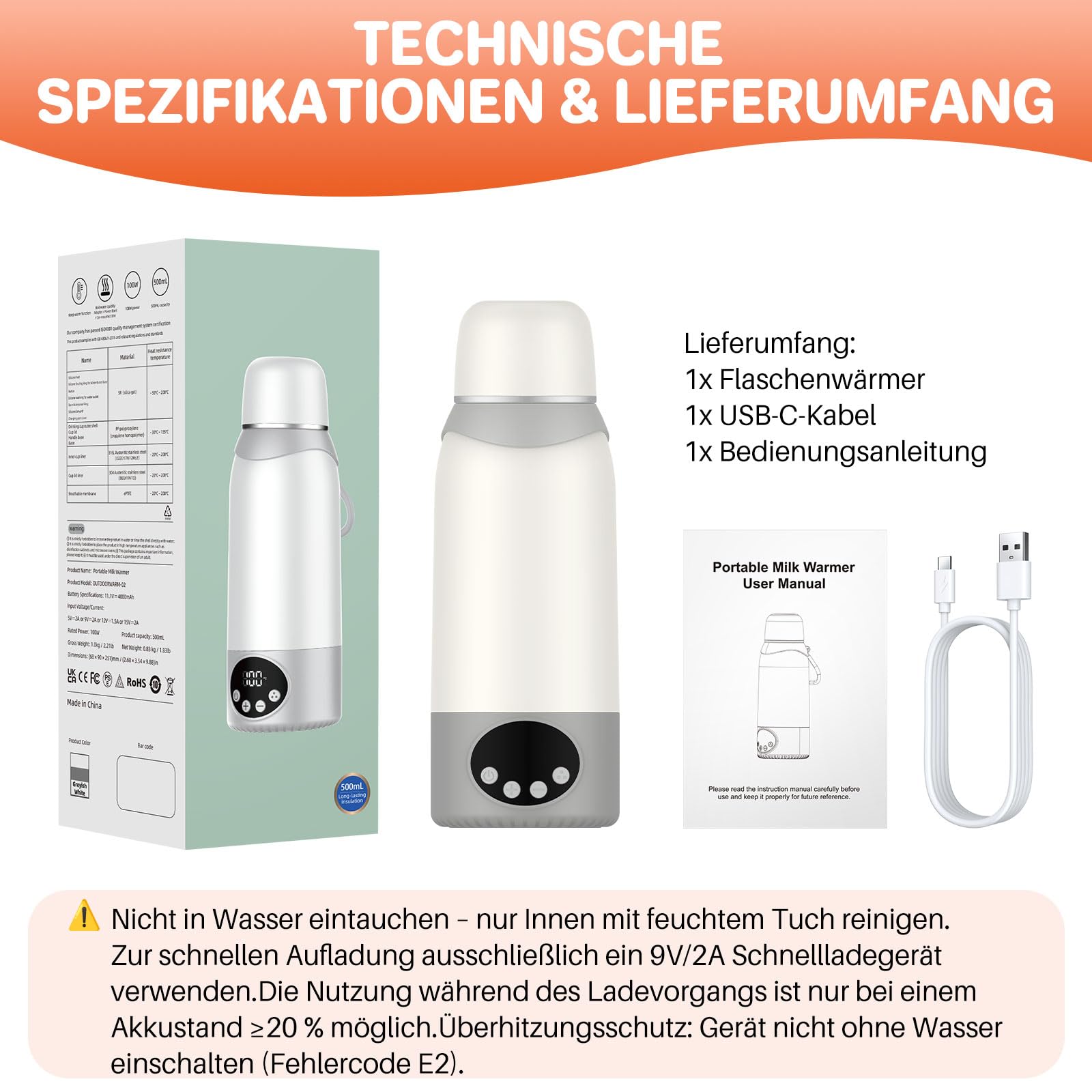 FUNYKICH Tragbarer Flaschenwärmer Baby, 100W Schnelles Erwärmen, 500ml Weiß