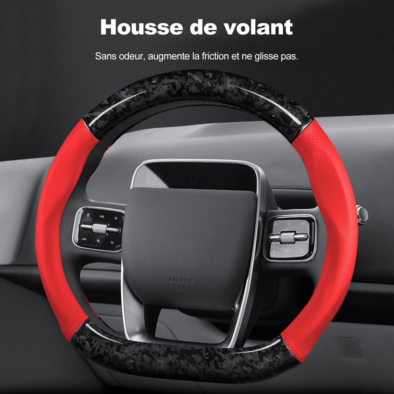Ergocar Car Steering Wheel Sleeve, D-Type Forgeing Fibre De Carbone Et Manche De Volant en Cuir, 37-38 Cm / 14,5-15 Pouces, sans Glissement, Doux, Respirable,Style Sportif Moderne