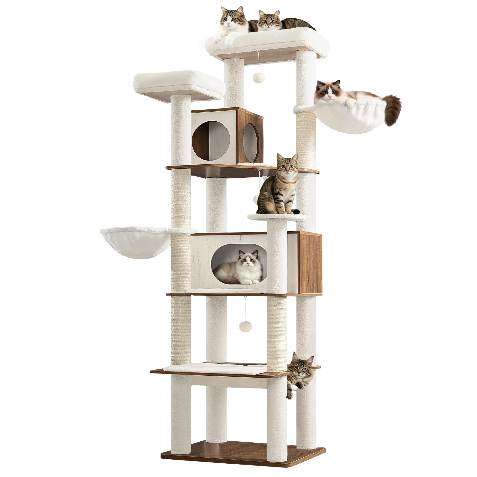 Arbre à Chat XXL, 208 cm Tour de Jeu, Marron et Blanc | Grande Niche et Hamac, 2 Plateformes, 5 Poteaux à griffer, Panier, Pom-poms, pour l'intérieur Moderne FPMS016PWR1
