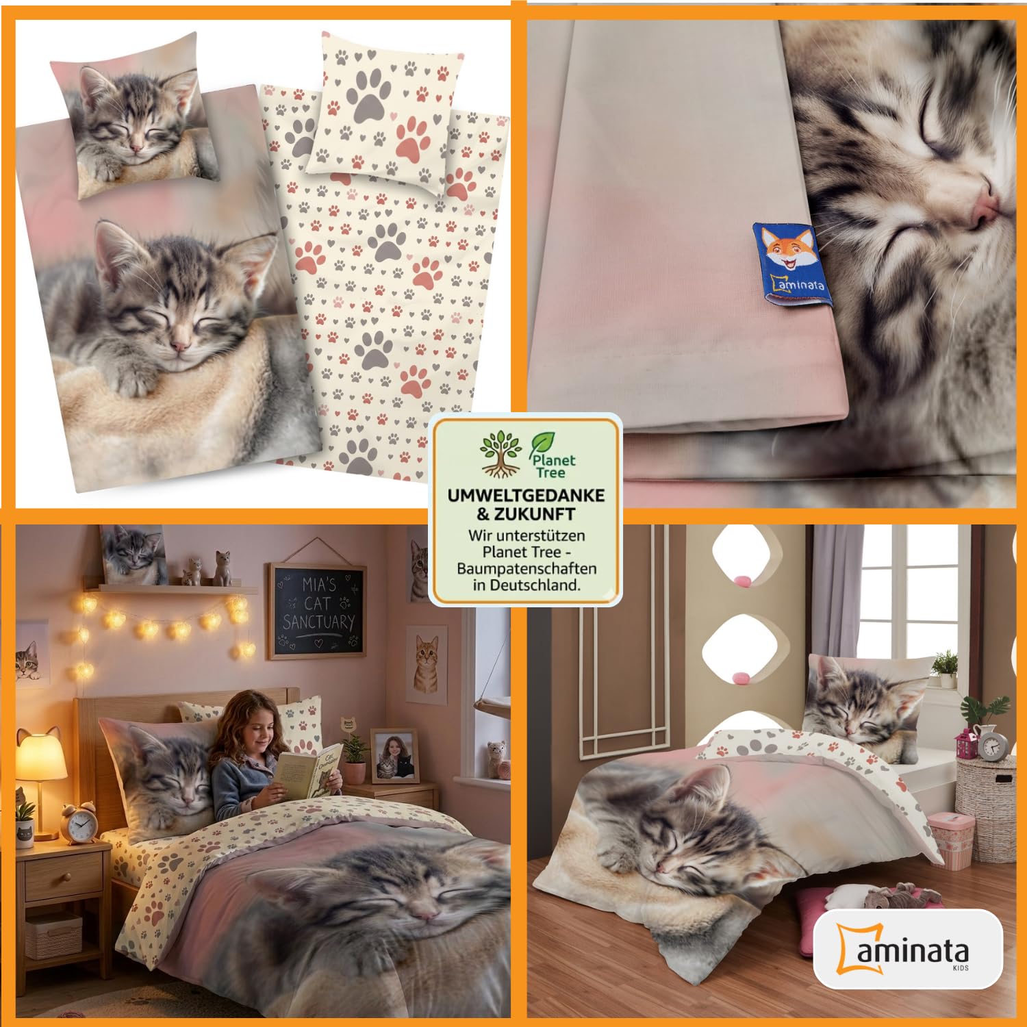 Aminata kids Bettwäsche 135x200 Katzen-Motiv Mädchen 100% Baumwolle