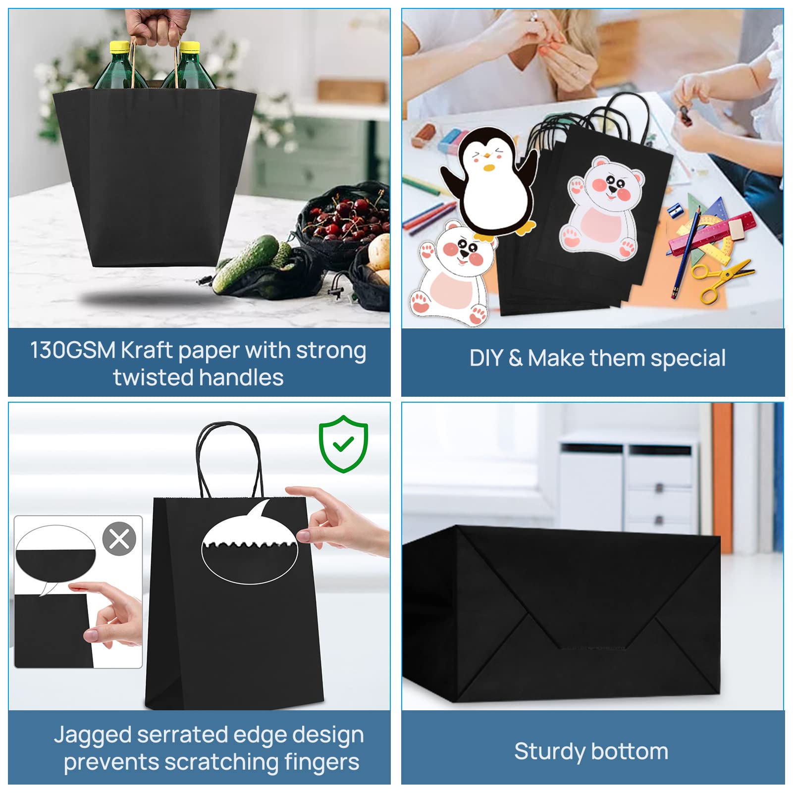 HAUSPROFI 25 bolsas de papel, bolsas de transporte con asas fuertes torceduras, bolsas Kraft, negras, 27 x 21 x 11 cm, espesan 130 g/m²