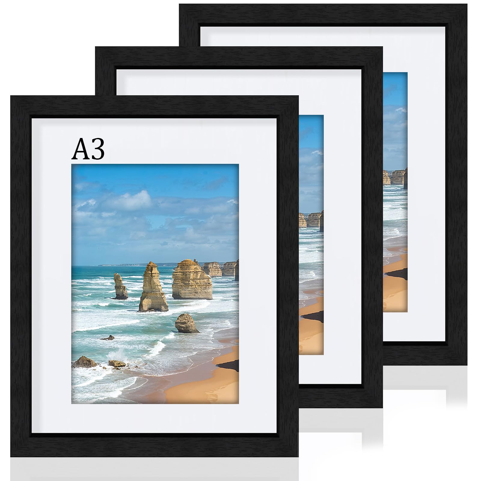 FamiPrts 3Pack A3 Frame, Wooden A3 Picture Frames, Versatile Black Frame, Dual Orientation (Landscape/Portrait), Includes Wall Hooks - Wall Mount for Home, Office, Gallery