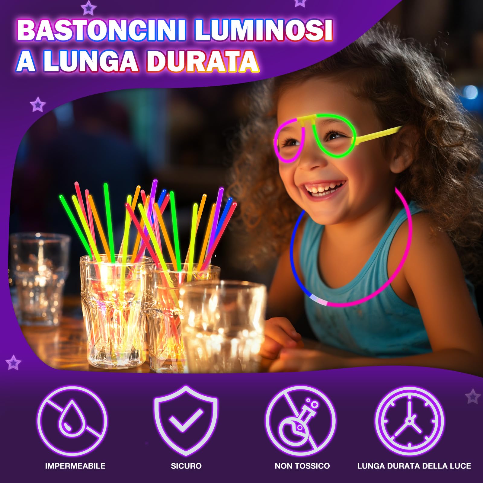 Millegu 230 Fluo Party Kit, 100 Braccialetti Luminosi Fluorescenti Bambini Adulti Starlight Glow Sticks e 130 Connettori per Bracciali Occhiali Gadget per Comleanno Feste Carnevale Capodanno 2026
