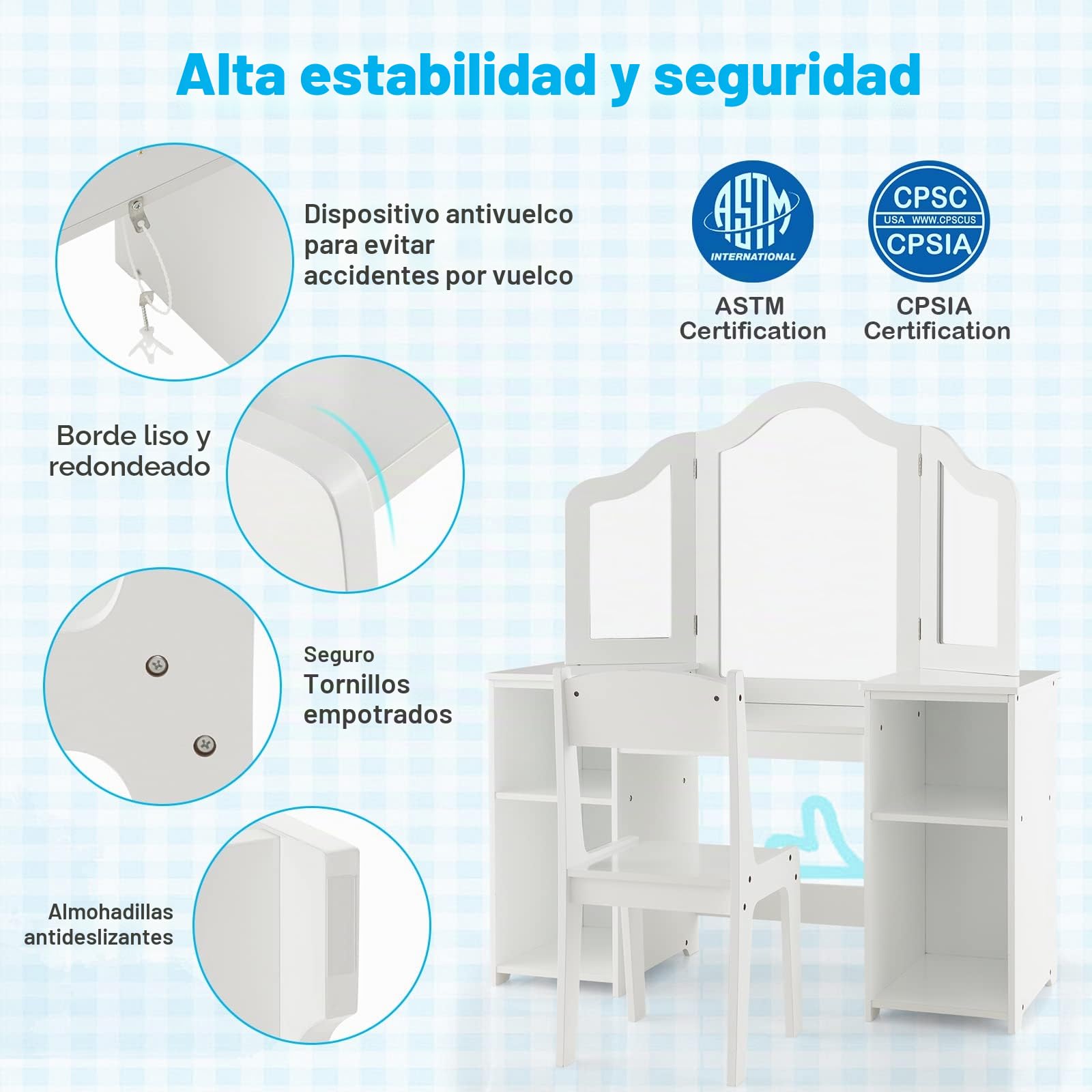 Juego de tocador 2 en 1 para niños con silla, mesa de maquillaje de madera para niñas, espejo extraíble, 4 cajones de almacenamiento, perfecto para decoración de sala de juegos y dormitorio