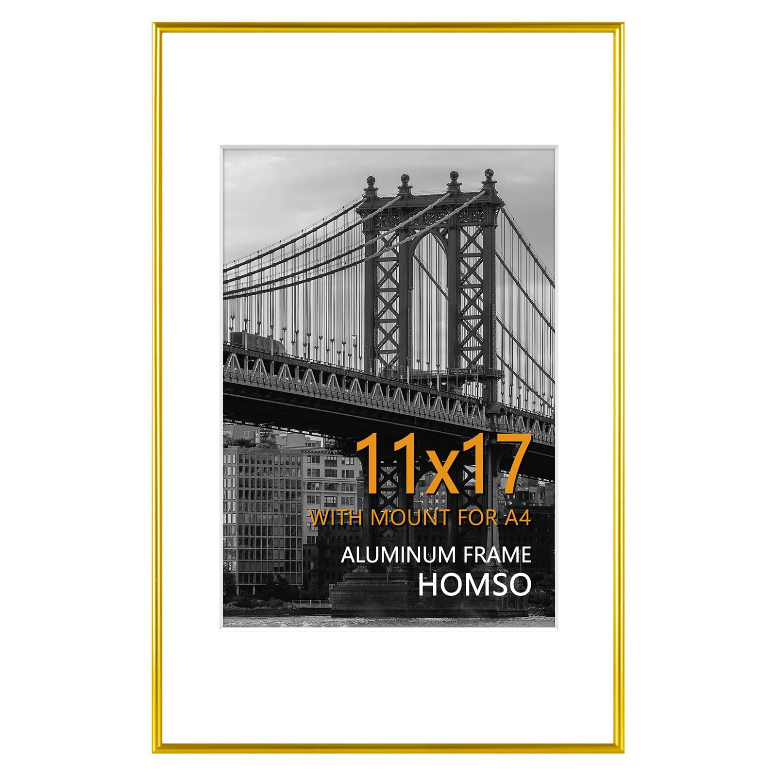 Homso 11 x 17 Frame, Metal Thin Board 11x17 Picture Frame Gold with Acrylic Plexiglass for Pictures A4 with Mat or 11x17 without Mat for Horizontal and Vertical