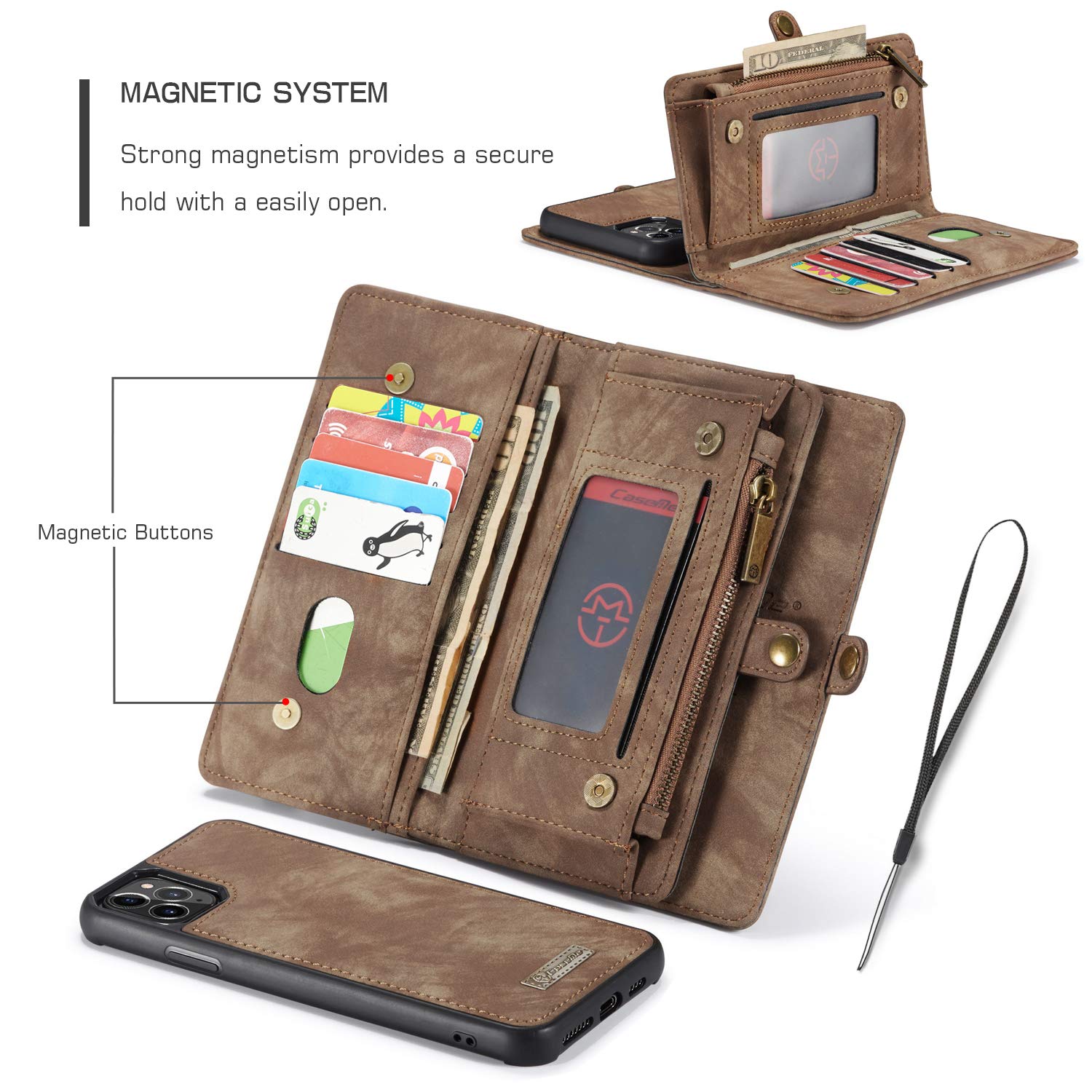 DEFBSC Custodia Portafoglio Per IPhone 11 Pro 5.8'' - Pelle PU Con Cerniera, Porta Carte E Cinturino Da Polso - Anticaduta