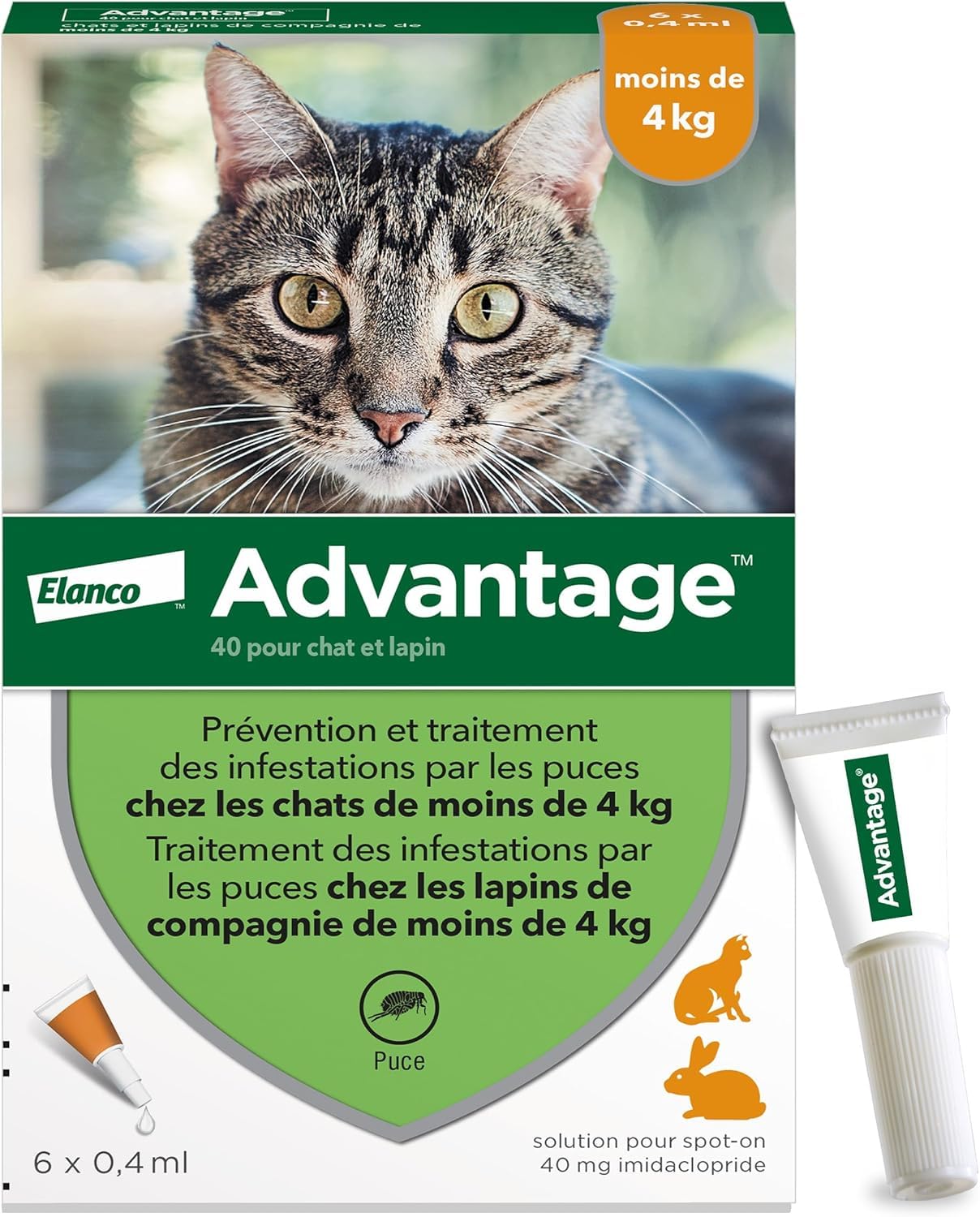 Advantage Chat & Lapin de moins de 4 kg – Pipettes anti puces chat pour prévention des infestations – Traitement anti puces lapin pour une protection en continu pendant 3 à 4 semaines – 6 x 0,​4 ml