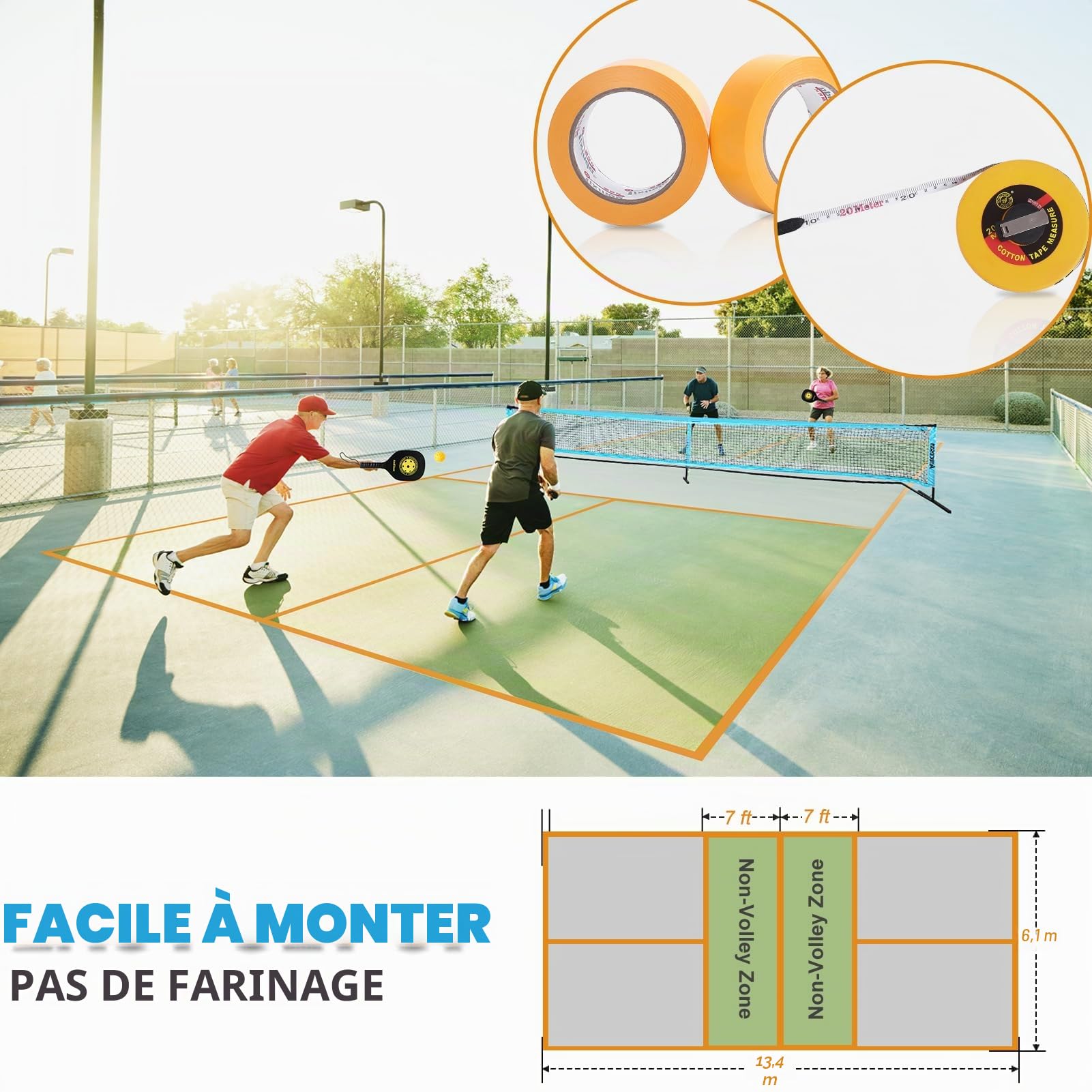 Amicoson Filet de Pickleball Set, 22FT Filet de Pickleball en bois pour l'extérieur avec 4 raquettes de en bois, 8 balles, 1 sac de transport, 1 sac à dos, 2 rouleaux de ruban