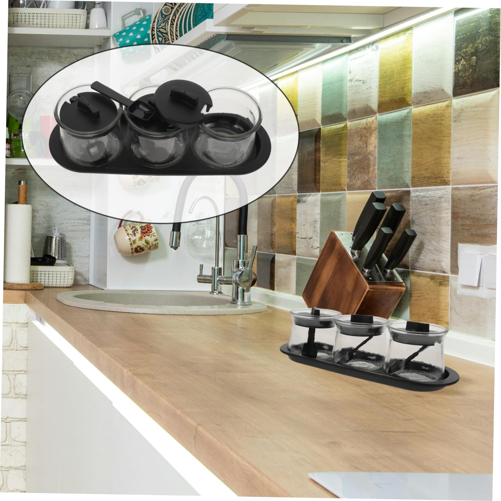 Sosoport Set 3 Barattoli di Spezie e Condimenti in Vetro Soda con Coperchio, Cucchiai e Vassoio, Contenitori Trasparenti per Cucina Organizzata e Conservazione Condimenti
