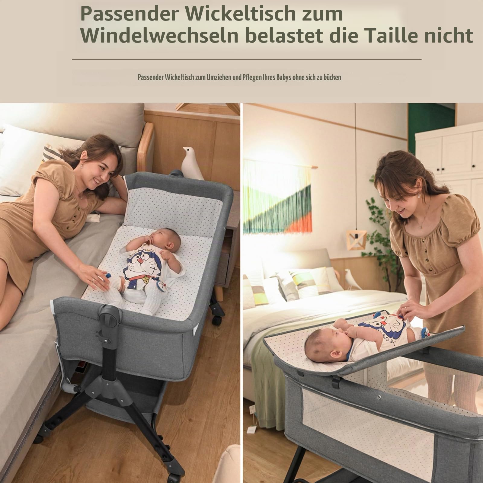 Next to me Beistellbett höhenverstellbar, tragbarer Stubenwagen, stabiles Babybett 3-in-1, mit waschbarer Matratze, Wickeltisch, Aufbewahrungstasche, 4 feststellbare Räder, Moskitonetz, für 0