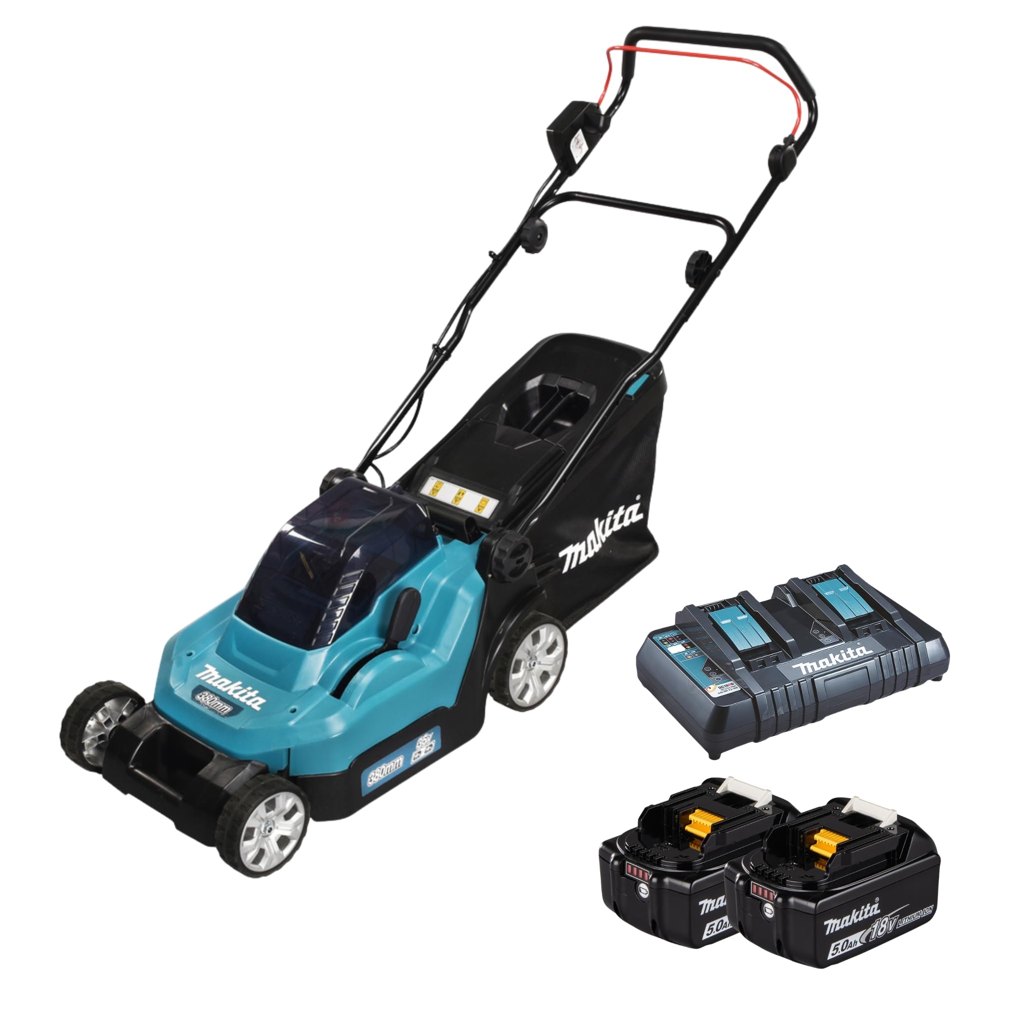Makita DLM382PT2 Twin 18v 38cm Cordless Push Type Lawnmower 2 x5.0ah B