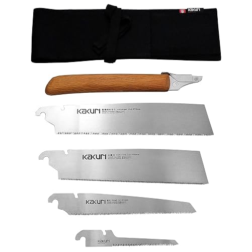 KAKURI Japanese Pull Saw Set for Standard Woodworking - Universal Cut 10.5", Semi-Fine Cut 10", Rough Cut 8.2", Keyhole 4" - Red Oak Handles with Oil Finish, Canvas Carrying Case - Made in Japan