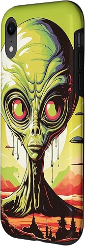 Vista 17 de iPhone 14 Pro Cute Green Alien Head UFO Space Face Alien Case