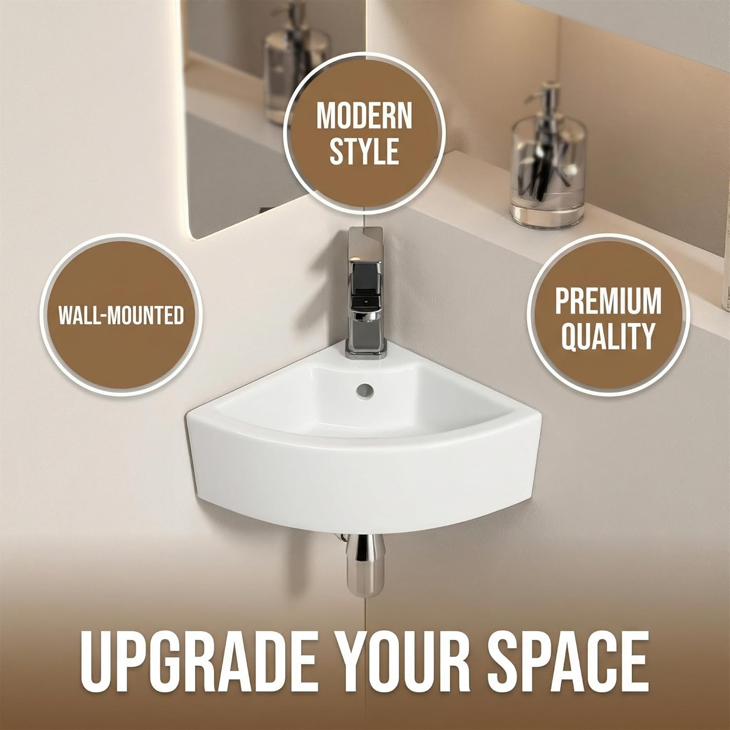 Wall Mounted Corner Sink, White Gloss Ceramic Space-Saving Vessel Sink for Small Bathroom, Powder Room & Laundry Room, Floating Bathroom Vanity with Pre-Drilled Holes (Faucet Not Included)