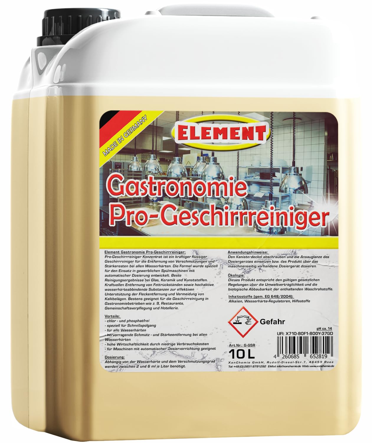 Element Geschirrreiniger für gewerbliche Spülmaschinen flüssig 10 Liter | Maschinenspülmittel Profi 10L | SET 2 Kanister a 5 Liter | Geschirrreiniger ohne Chlor | Geschirrspülmittel Gastro |