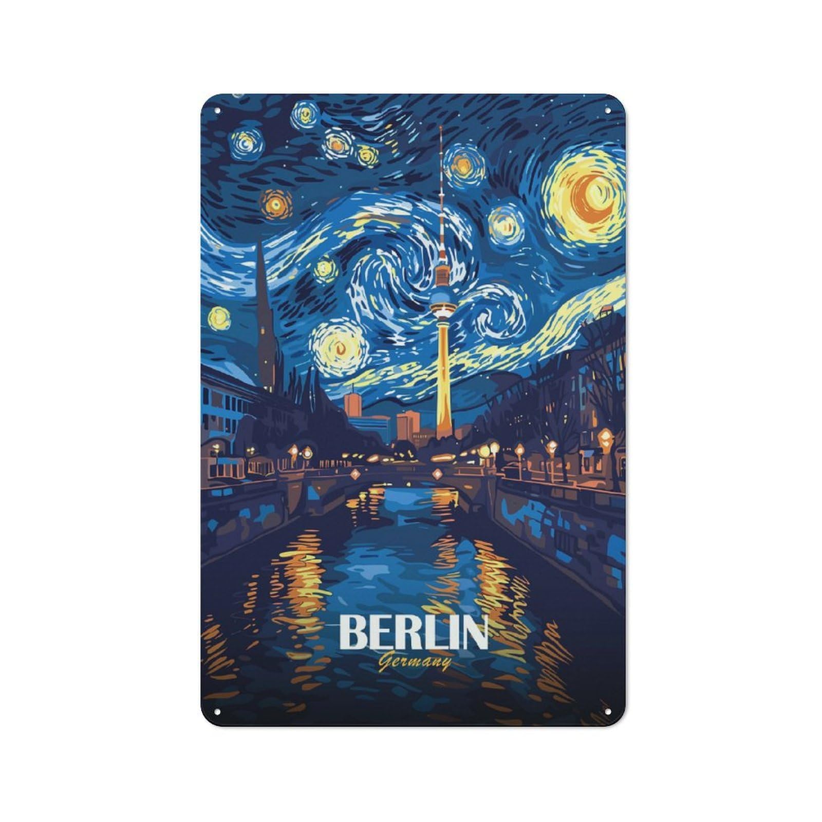 Junmoney Style-17 For Home Office Or Studio, Berlin Germany Starry Night Art Retro Tin Wall Plaque 30X20cm, A Housewarming Gift For Creative Workspace Decorators