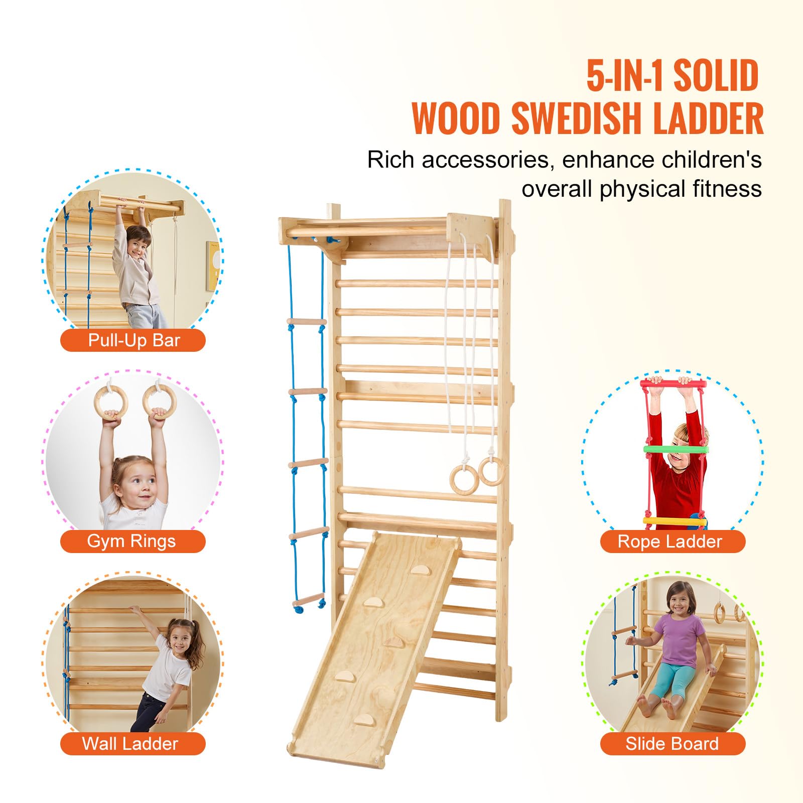 Happybuy 220 - lb Swedish Ladder Wall Gym - A 5 - in - 1 Indoor Play Paradise! This Wooden Climbing Toy Set Features a Pull - up bar, Gymnastic Rings, Wall Ladder, Rope Ladder, and Slide Board