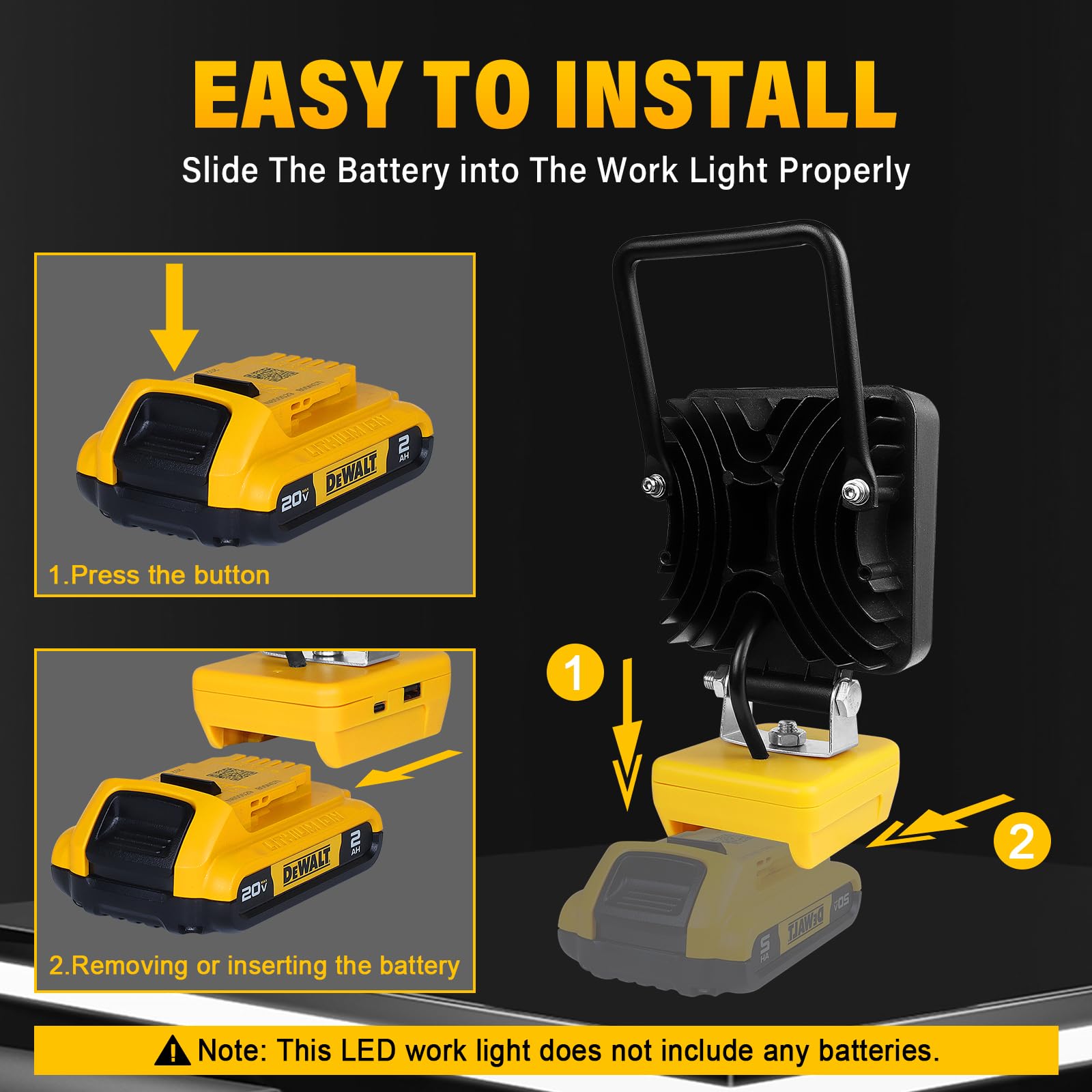 Willpower Foco LED para Batería Dewalt 18V, Luces de Trabajo Portátiles Recargables, 48W 4,800LM, Lámpara LED para Camping Pesca Emergencia con Conector de Tipo C y Carga USB (Sin Batería)