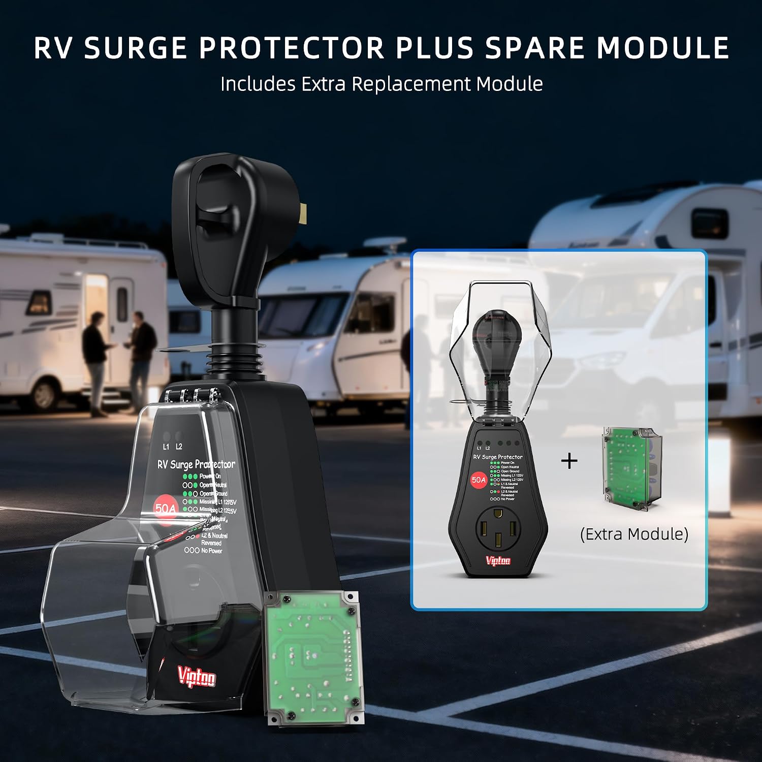 VIPTOO 50A RV Surge Protector with Replaceable Module & Extra Module, 12000J Circuit Analyzer for Camper & Trailer Power Plug, IP65 Waterproof with Oversized Cover (50 Amp 12000J)