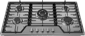 36 Inch Gas Cooktop Stainless Steel with 5 Sealed Burners, Drop-in Stovetop with Cast Iron Grates, NG/LPG Convertible, 38000 BTU