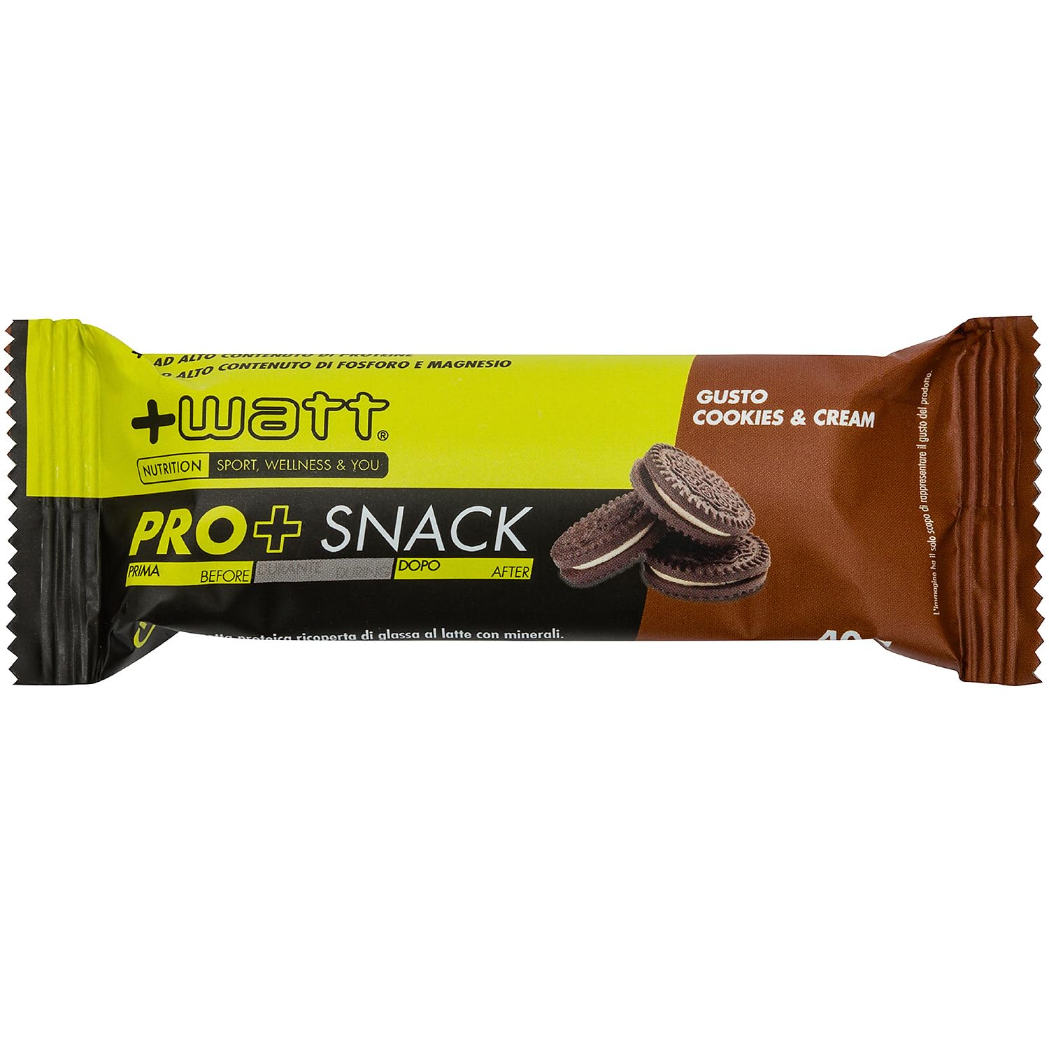 PRO+ SNACK - Barretta proteica da 40g con fosforo e magnesio ricoperta di glassa al latte.