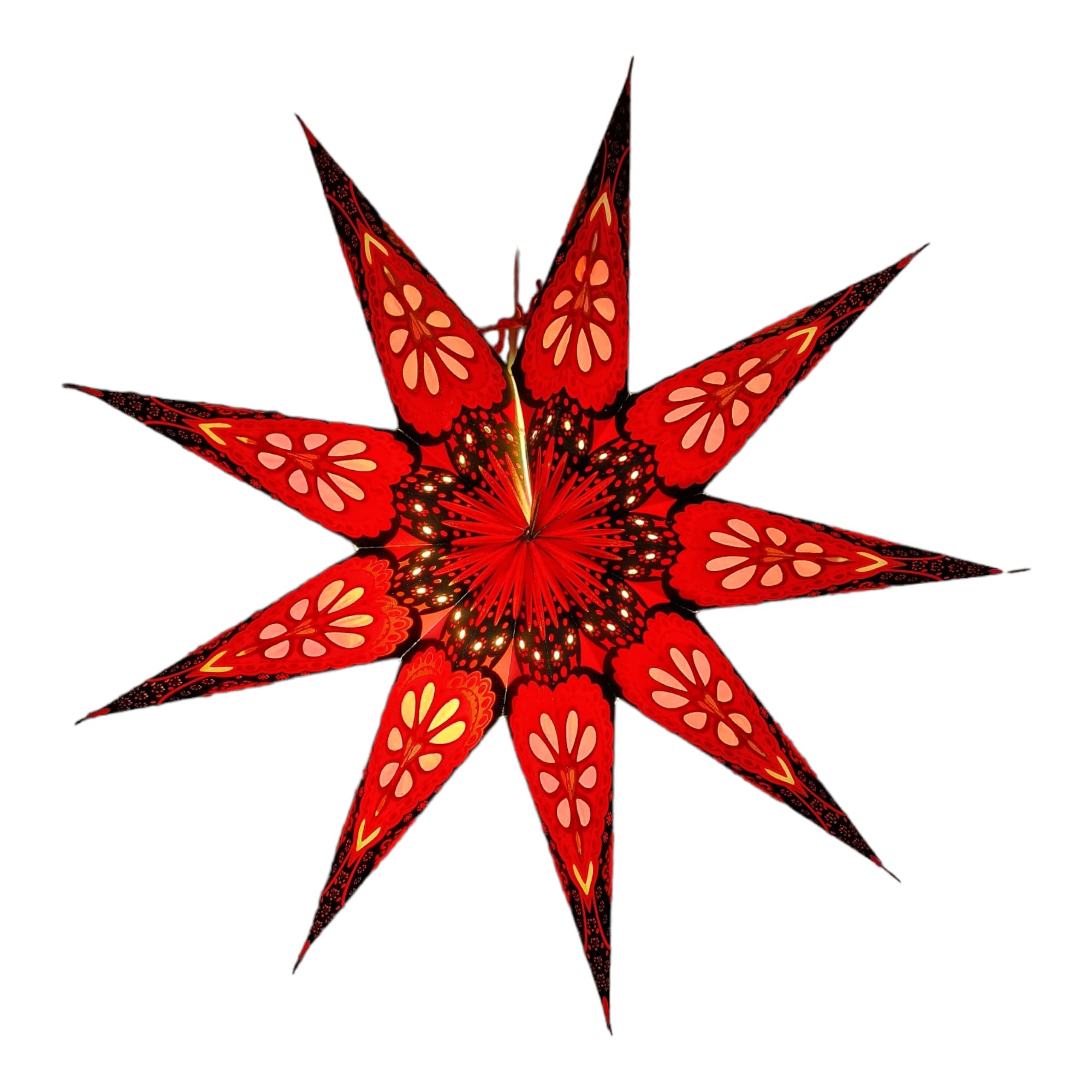 YEPSIO 9 Pointed Paper Star Lantern Lampshade Light Shade - Large 60cm Hanging Decoration for Christmas, Wedding, Home, Birthday Party (Glitter Red Multi)