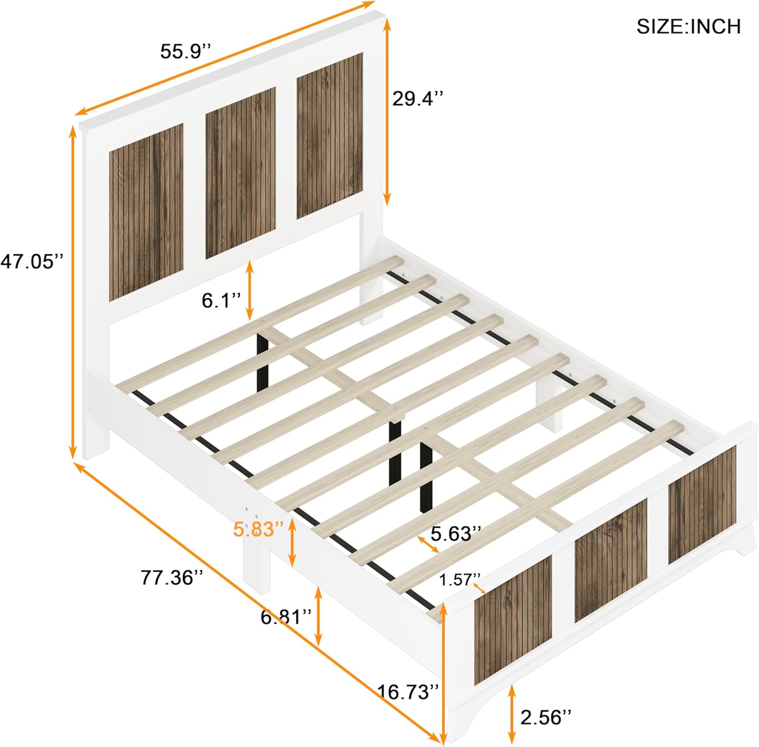 Farmhouse Wooden Platform Bed with Particle Board Construction, Wooden Strip Decoration, Plywood Slats Support, Modern Bedroom Furniture, White, 55.9W x 77.36D x 47.05H in