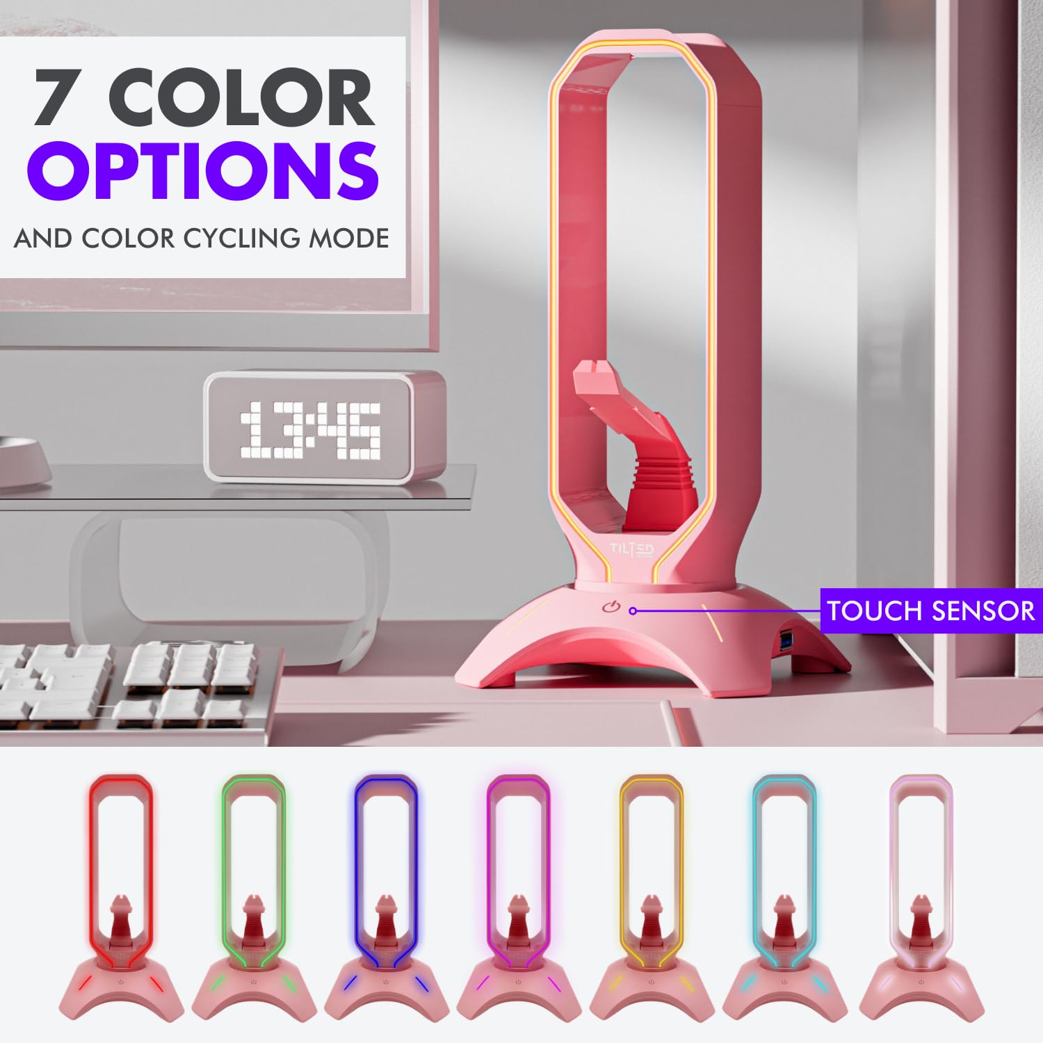 Tilted Nation RGB Gaming Headset Stand 3 in 1 rosa Kopfhörer Ständer mit Maus Bungee und 2 Port USB Hub Ladegerät Das ultimative Gaming Zubehör und Gamer Geschenk RGB Kopfhörerhalter für Schreibtisch