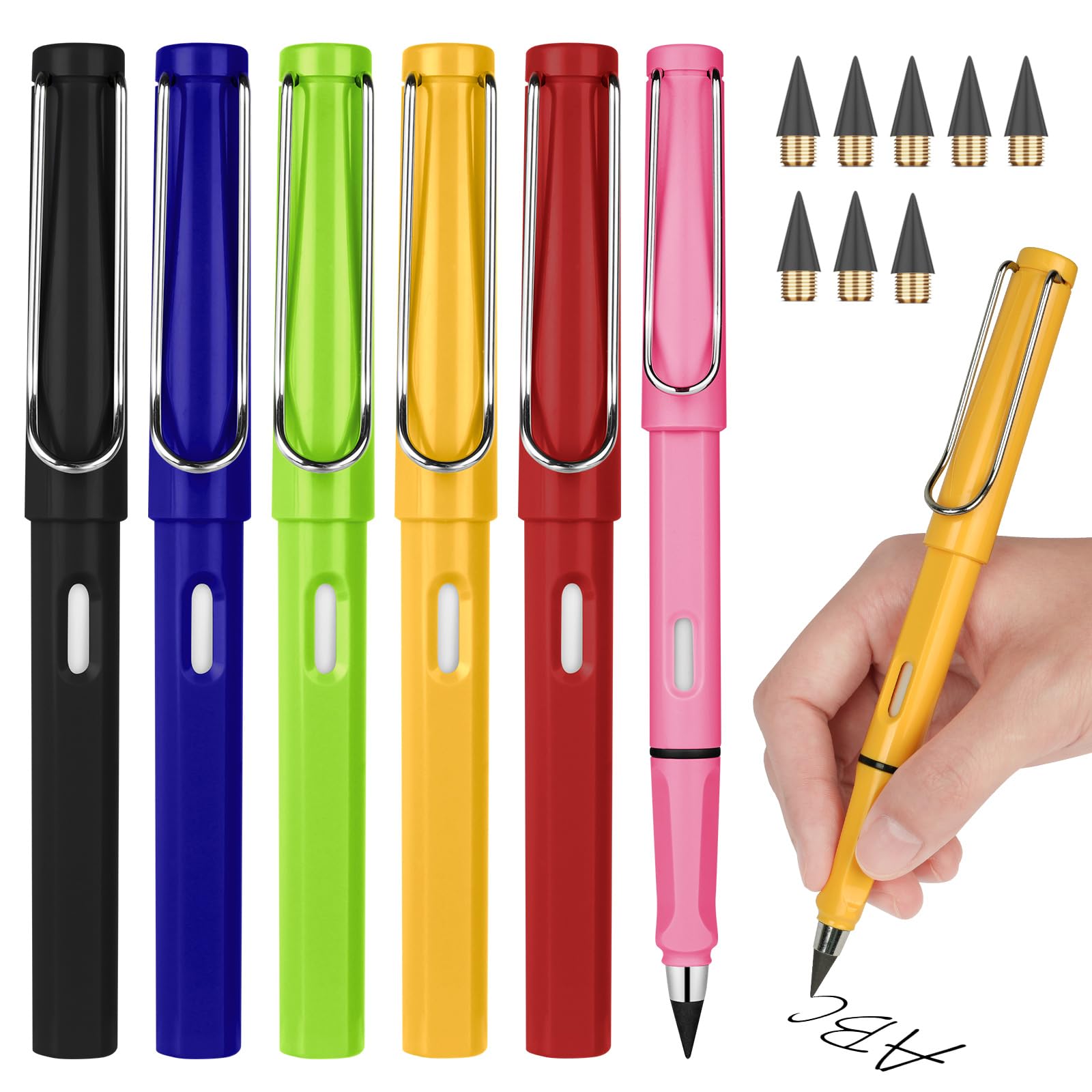 Ainiv Lapiz Infinito, 6 Piezas Colores Lápiz Infinito con 8 Puntas De Repuesto Lápiz Sin Tinta, Lapiz Eterno Portátil Reutilizable Borrable, Lápiz Eterno con Borrador para Escuela, Oficina, Dibujo