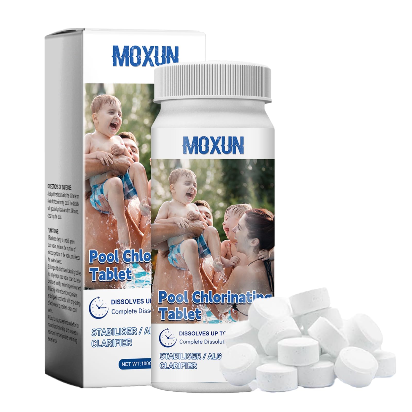 100PCS Chlorine Tablets for Hot Tub, Multifunctional Chlorine Tablets, Slow-Dissolving Long-Lasting Chlorinating Chemical Tabs for Swimming Pool & Spa (Algaecide & Stabiliser & Clarifier) (1g Each)