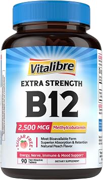Vitalibre Vitamin B12 2500 mcg, Extra Strength Sublingual Methylcobalamin, Natural Peach Flavor, Nervous System, Energy Support, No Sugar, 90 Fast Dissolve Tablets