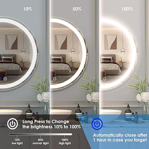 Miniatura 3 de Beelux Espejo de baño LED redondo de 24 pulgadas con luces, espejo de tocador de baño iluminado para pared, antiniebla, regulable, función de