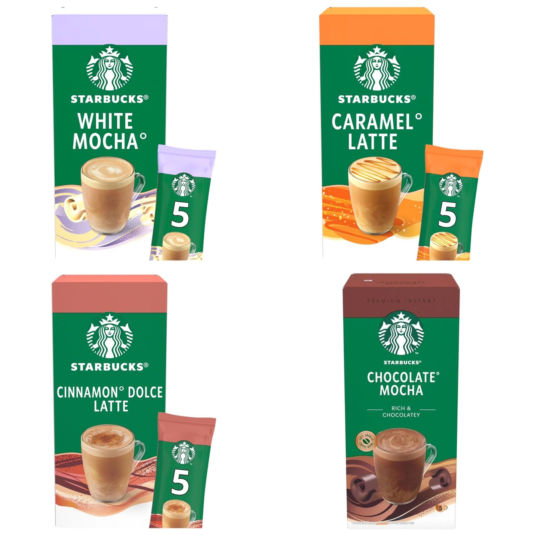 Starbucks Premium Instant Coffee, 5 Sachets per Pack, 18 Packs, Total 90 Sachets (White Chocolate Mocha, Caramel Latte, Cinnamon Latte & Chocolate Mocha) Deal for £12.99 a Pack
