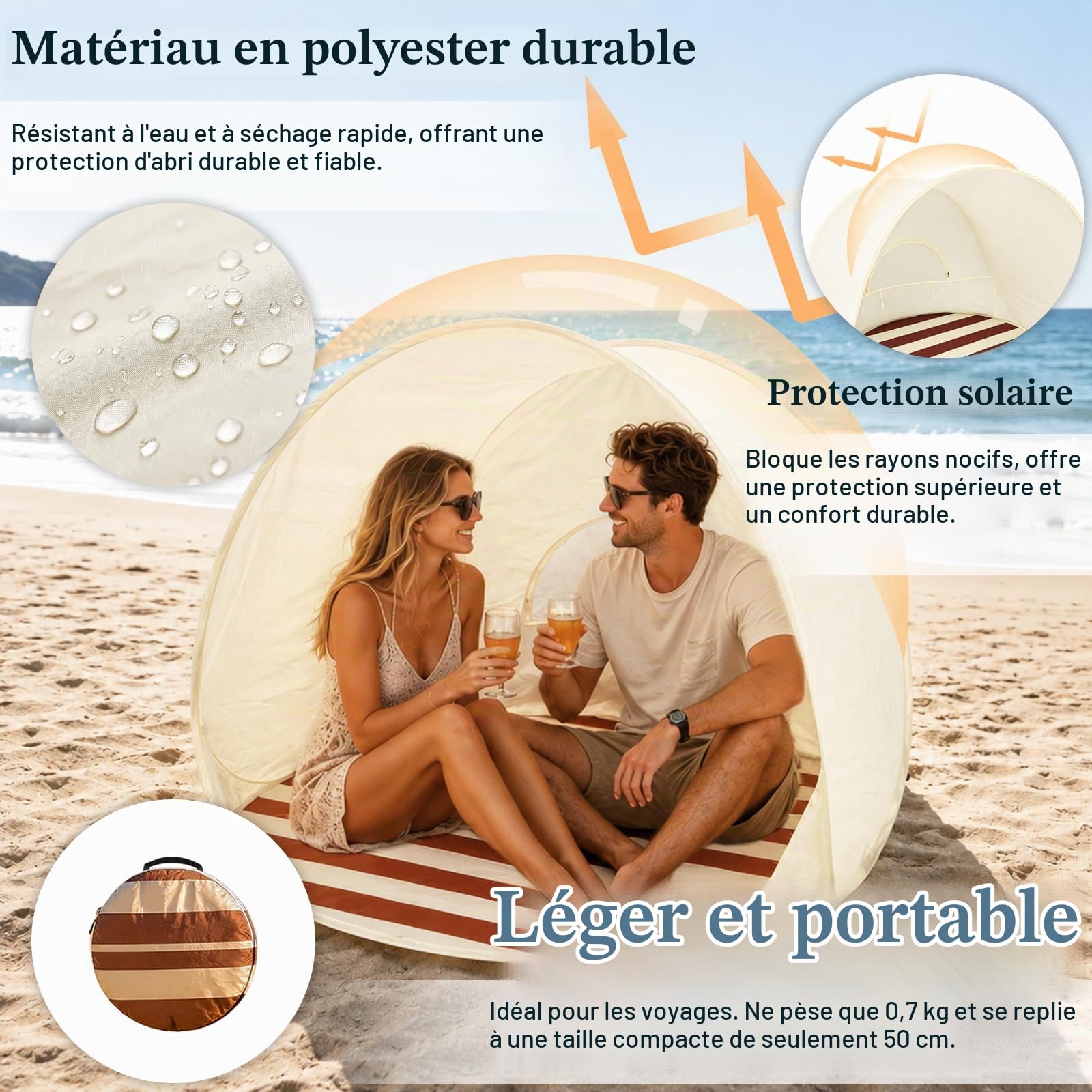 Tente de Plage Pop-up – Grande et Portable pour 2-3 Personnes, Montage Auto, Protection Solaire & étanche, Respirante, INCL. Sac et piquets – Plage, Camping, randonnées