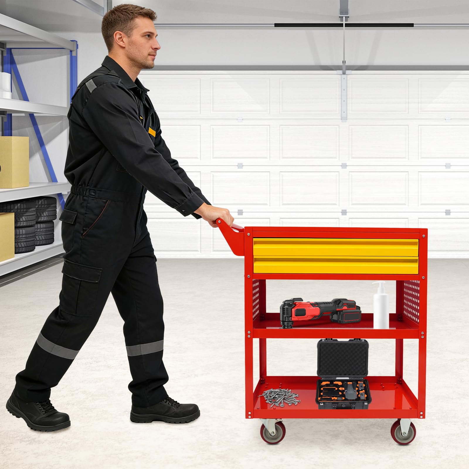 Wózek warsztatowy z przegródkami do warsztatu (czerwony) | Mobilny stół warsztatowy, wózek warsztatowy, wózek do transportu i przechowywania, nośność 181 kg, 79 x 45 x 96 cm