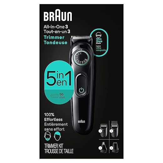 Braun All-in-One Style Kit Series 3 3450, 5-in-1 Trimmer for Men with Beard Trimmer, Ear & Nose Trimmer, Hair Clippers & More, Ultra-Sharp Blade, 40 Length Settings and Washable, Black