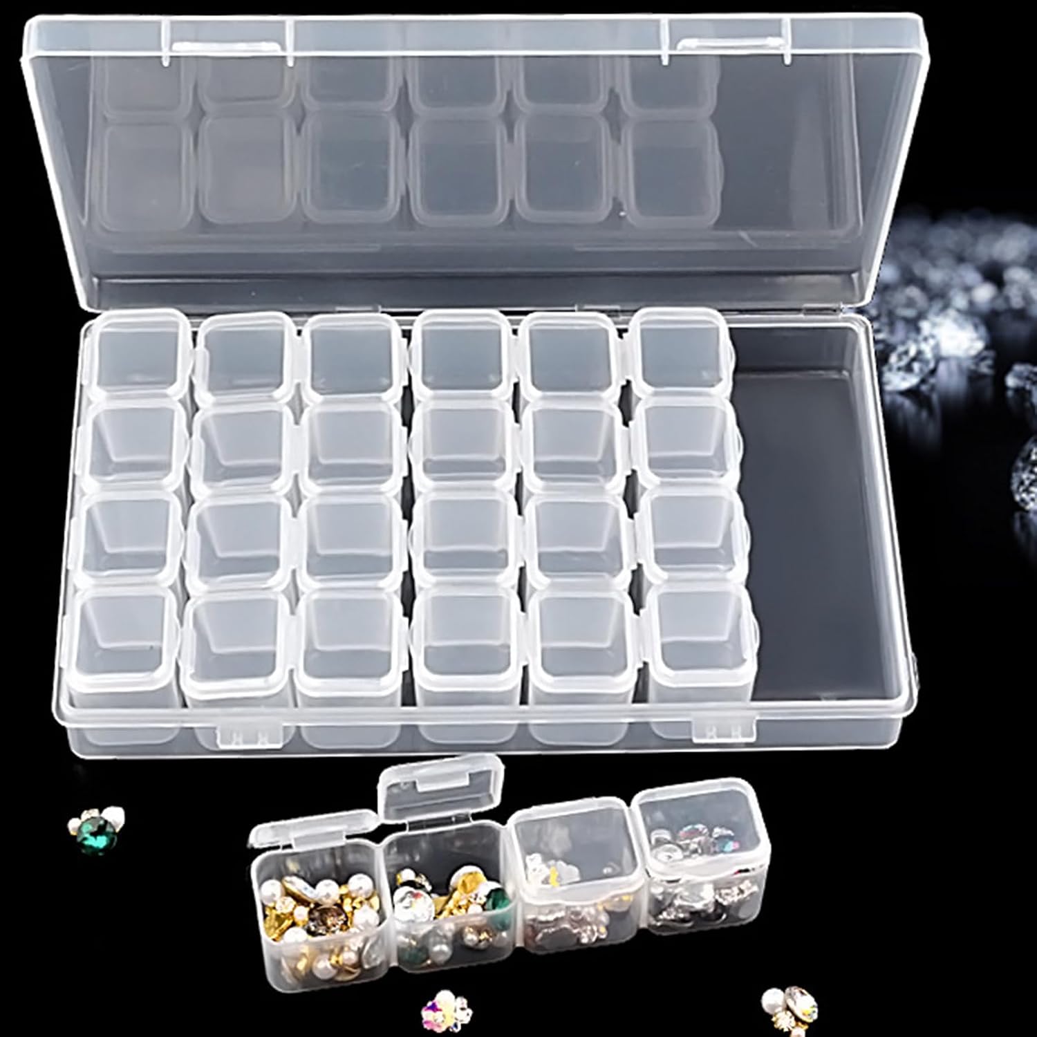 3 Pack 84 Slots Diamond Painting Bead Storage Containers, Adjustable | PP plastic material, Detachable Separate Rows, 28 Pcs Storage Boxes, 6.7" x 4.3" per pack, 92Pcs Small Labels, 0.79" x 0.39"