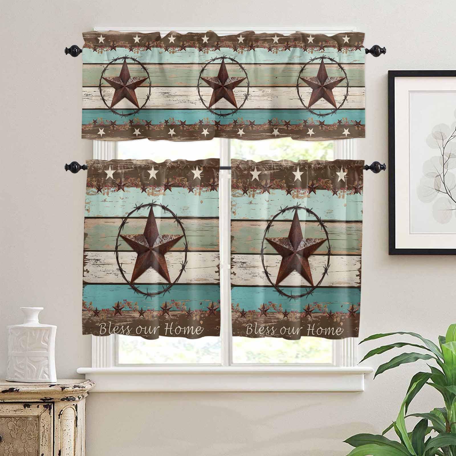 West Texas Star Rustic Kitchen Curtains 36 Inch Length,3 Piece Rod Pocket Small Half Tiers and Valance Set,Farmhouse Teal Green Wood Plank Small Large Window Treatment Decor for Bedroom/Bathroom Sink