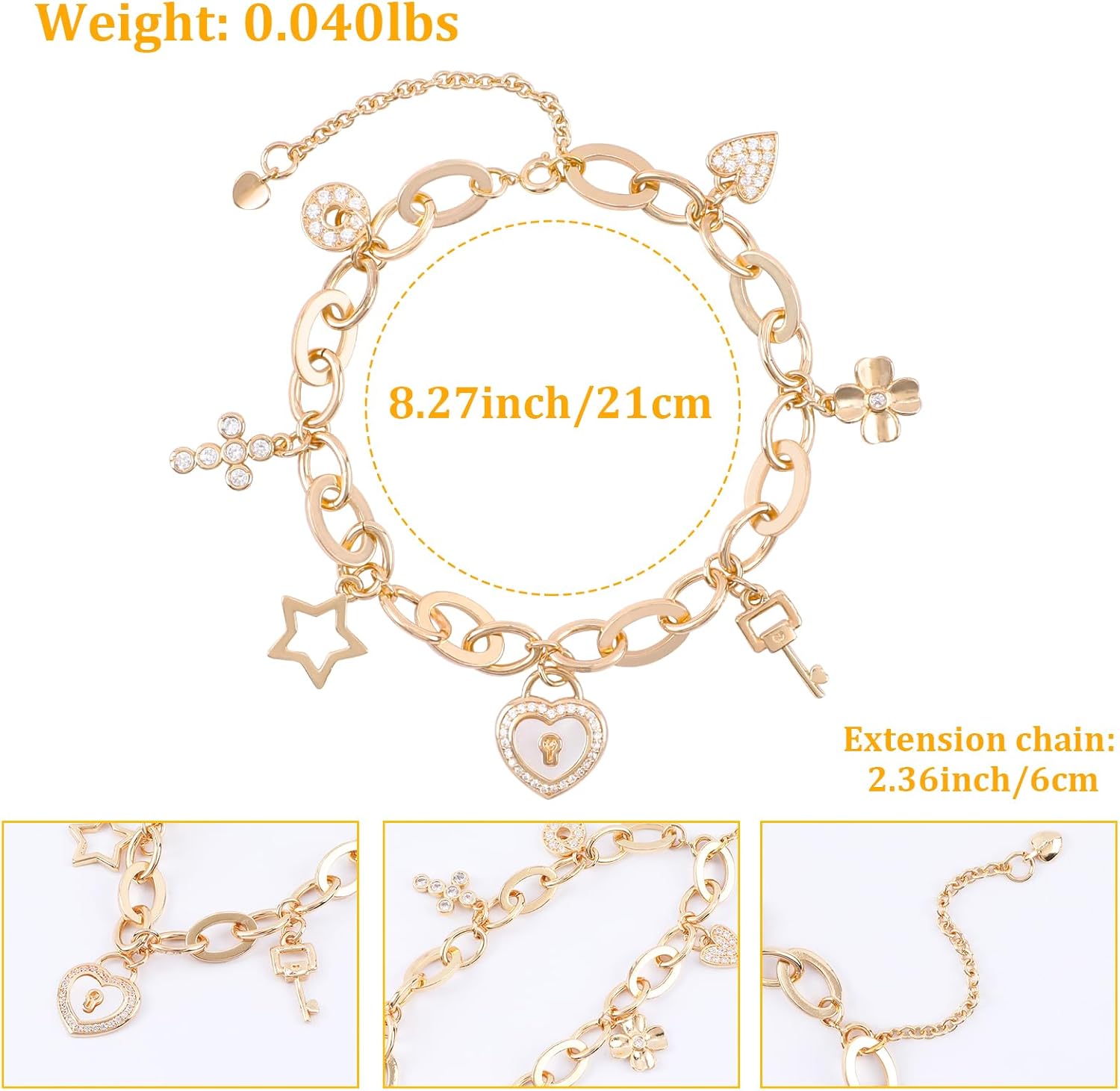 Cute Gold Charm Link Bracelet for Women Sunflower Butterfly Daisy Flower Pearl Insect Flower Clover Lock Key Heart Charm Bracelet CZ Snowman Snowflake Pendant Spring Summer Christmas Jewelry Gifts - Image 2