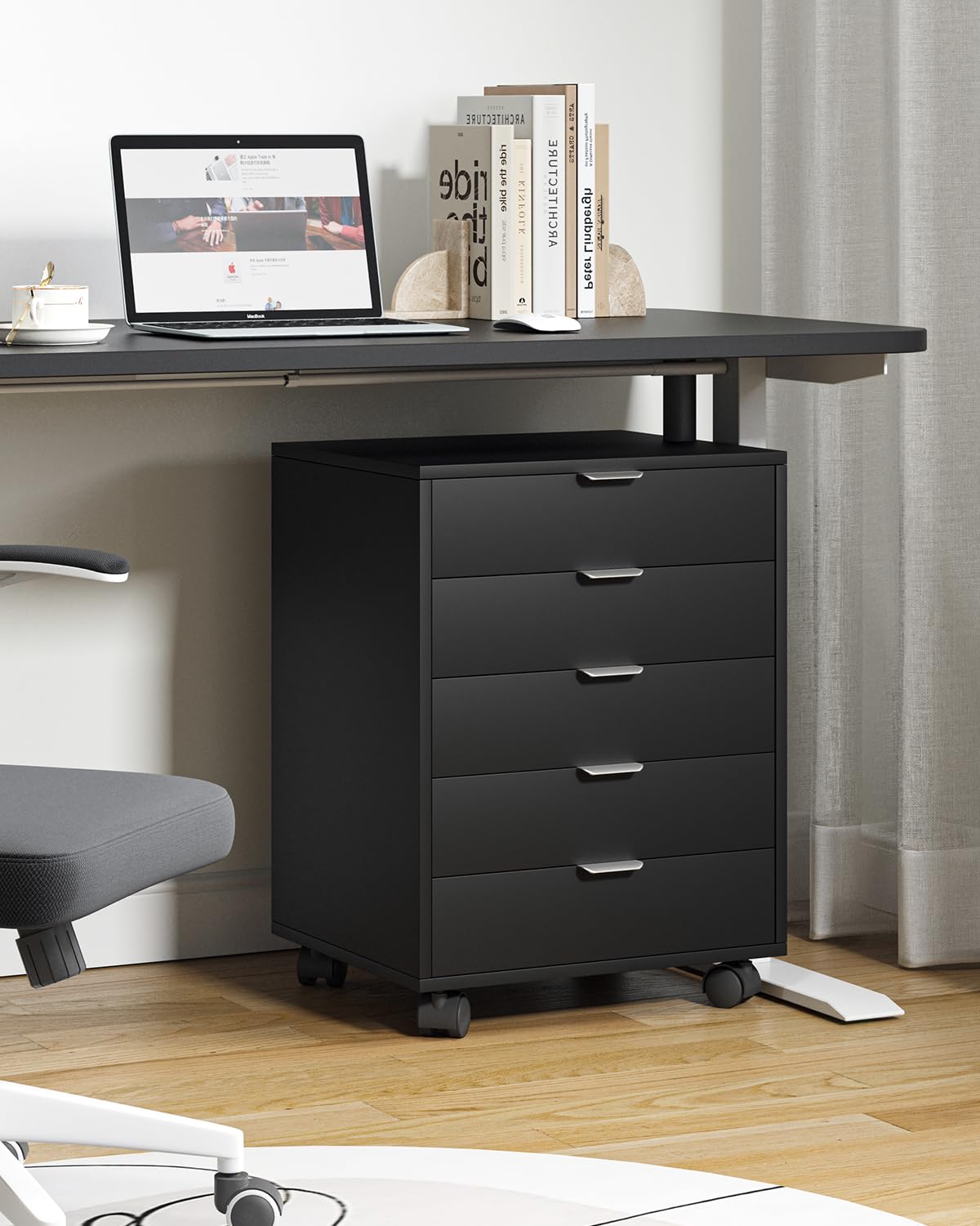 ELUCHANG Schubladenschrank, Rollcontainer, Mobiler Aktenschrank mit 5 Schubladen, Unter Schreibtisch SchrankBüro, Schubladenkommode für Zuhause Büro, Homeoffice, Schwarz