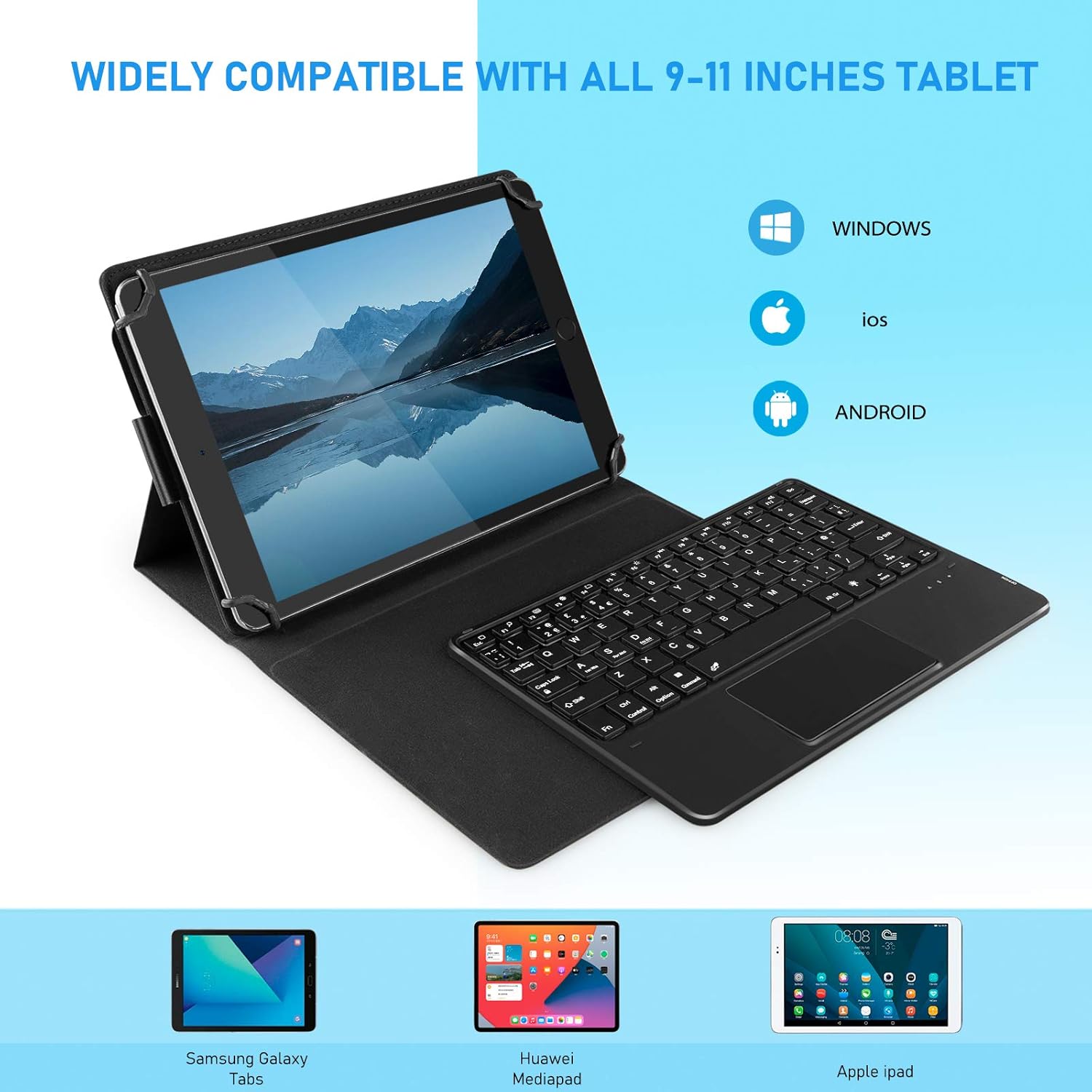 Backlit Touchpad Keyboard Case for Tablet from 9 to 11 inch, Cover with